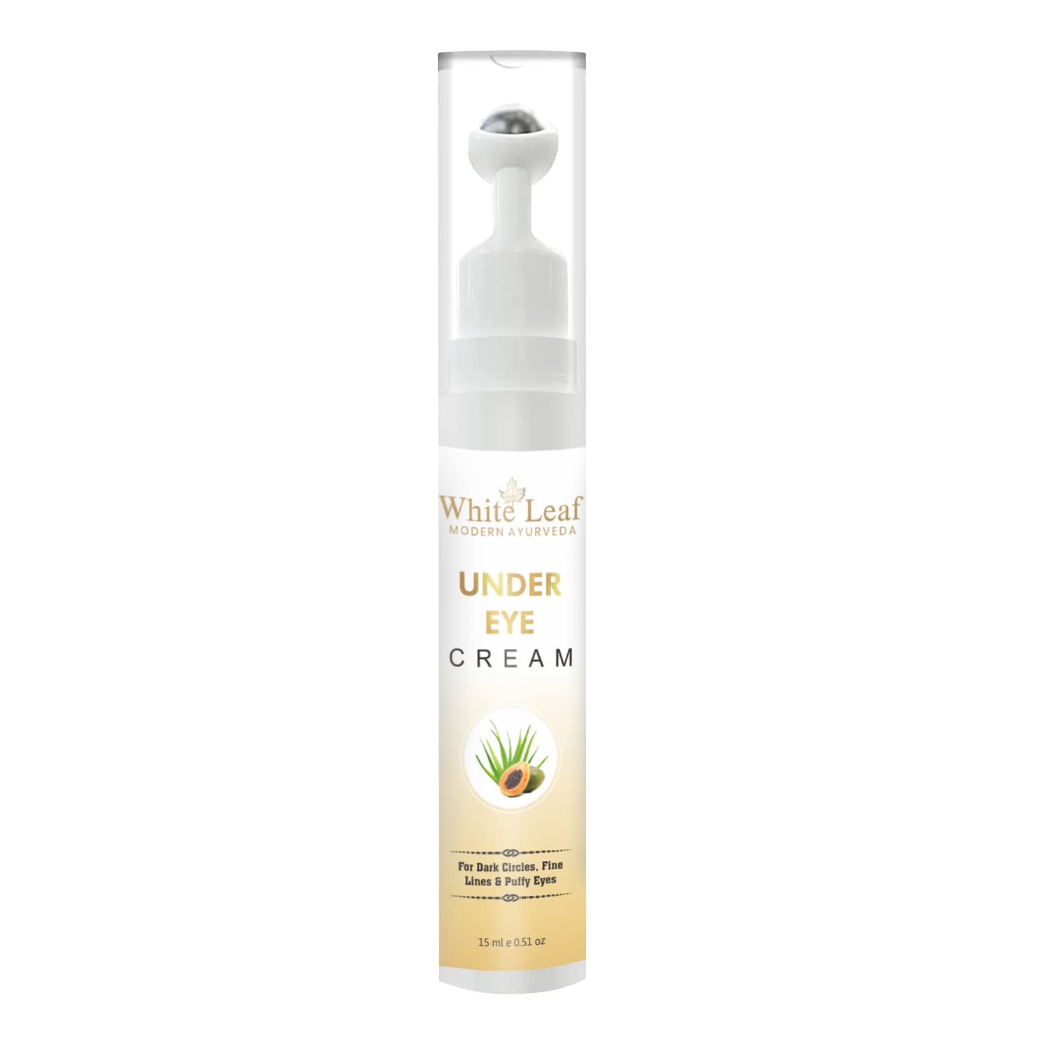 White Leaf Natural Sun Under Eye Cream 15ML with Metallic Roller Ball | Dark Circle & Puffiness Reducer | All Skin Types | Perfect for Morning Routine & Travel Skincare