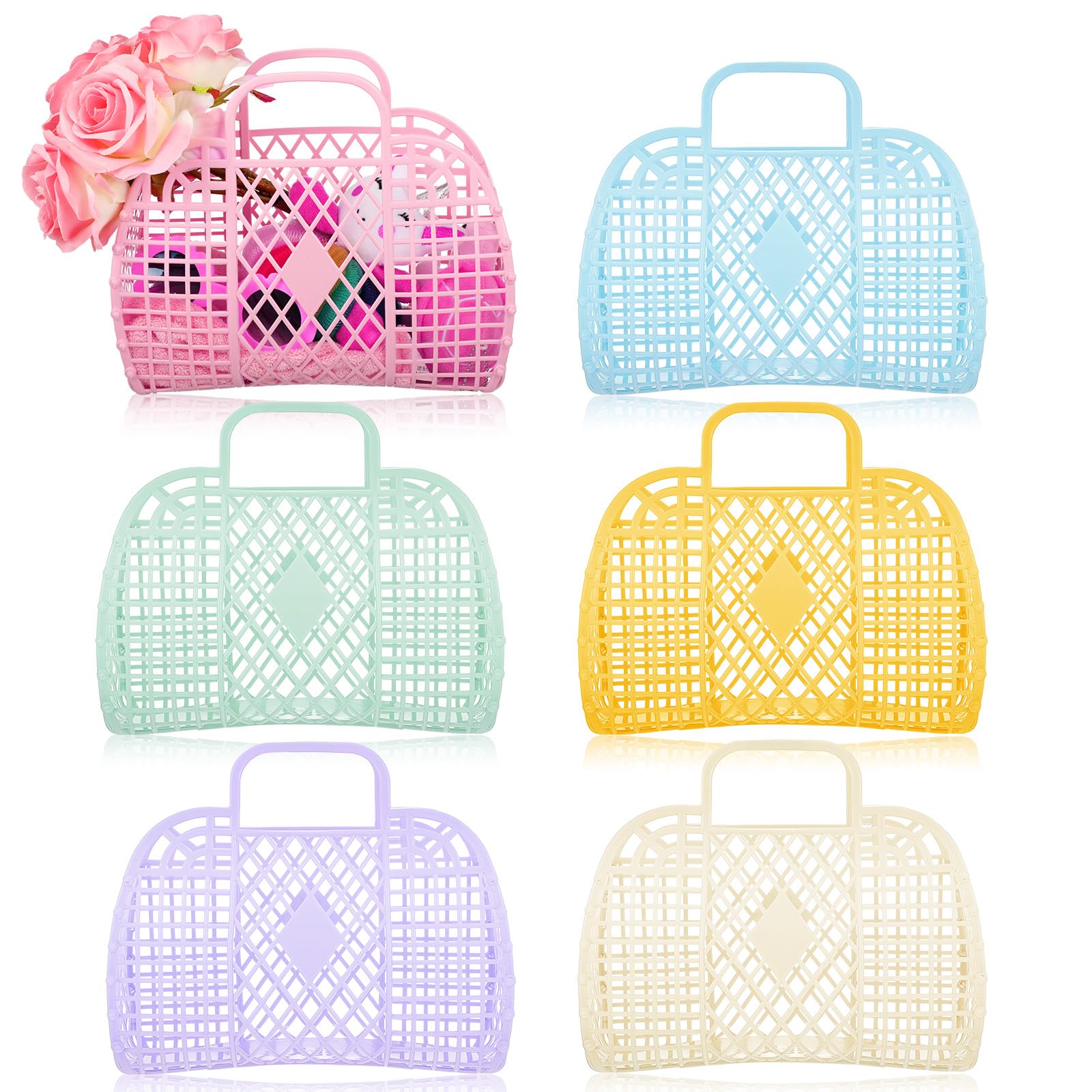 Silkfly 6-Piece Easter Egg Hunting Basket Set - Colorful Jelly Tote Bags for Spring Parties, Plastic Wedding Favors & Beach Gift Bags (Bright Colors, Small) - Perfect for Easter Egg Hunts, Wedding Guest Favors & Summer Beach Outings
