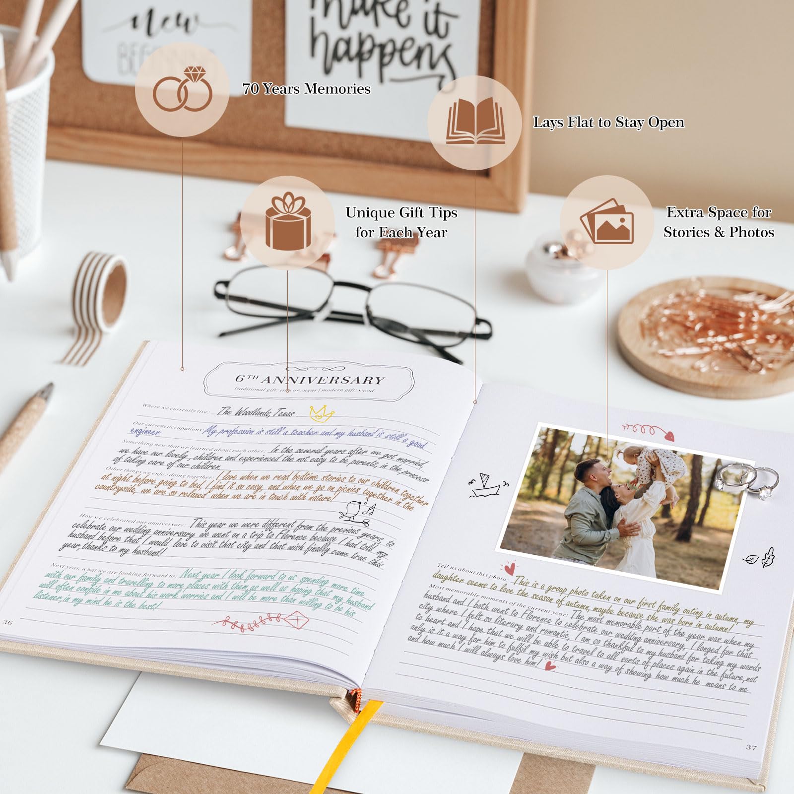 Lanpn Wedding Anniversary Scrapbook Journal - Linen Memory Book for Couples from 1st to 70th Anniversary - Newlywed Marriage Keepsake Gift with 190 Pages (Beige) - Perfect for Recording Love Stories, Anniversary Celebrations & Romantic Gift Giving