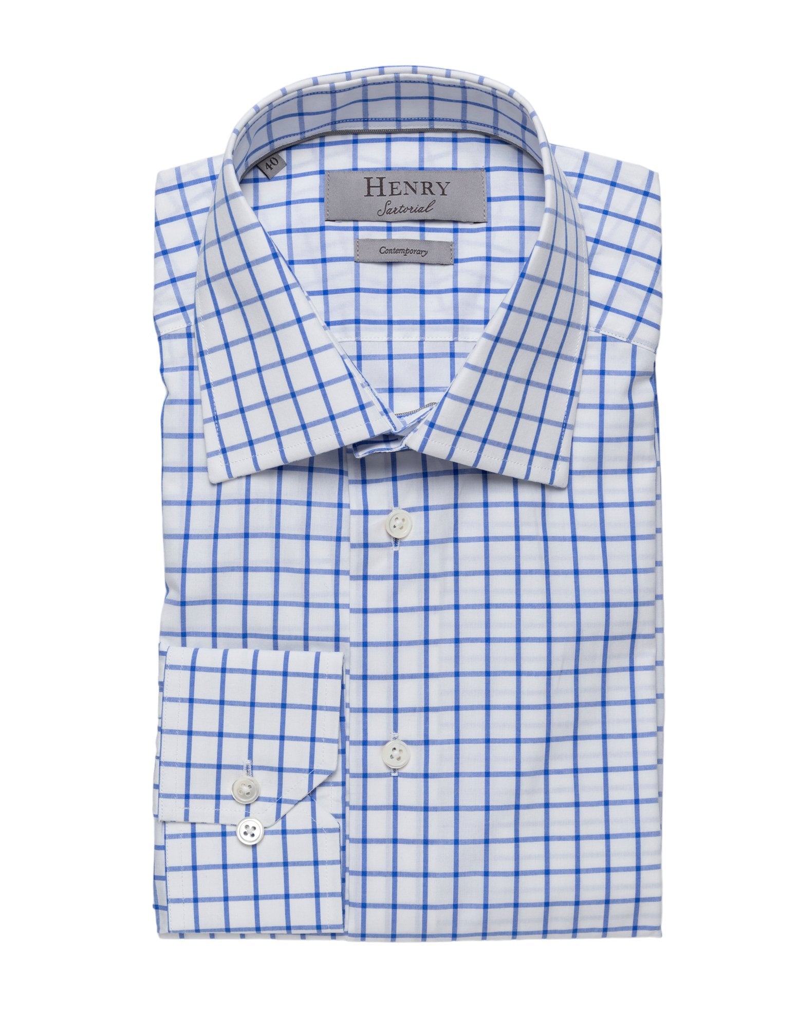HENRY SARTORIAL Men's Classic Blue Check Cotton Dress Shirt - Slim Fit Button Down Oxford Shirt for Business Casual & Office Wear