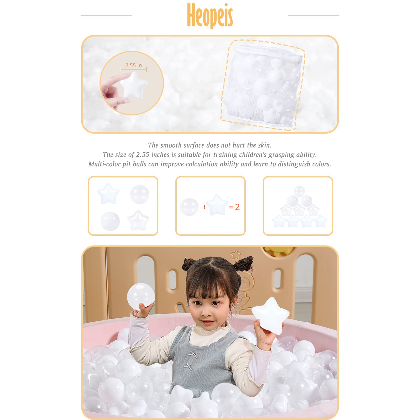 100-Piece Star Ball Pit Balls - Safe Plastic Play Balls for Kids & Toddlers - Perfect for Ball Pits, Play Tents, Kiddie Pools & Party Decorations (White & Clear) - Indoor & Outdoor Fun for Birthday Parties, Daycare Centers & Backyard Playtime