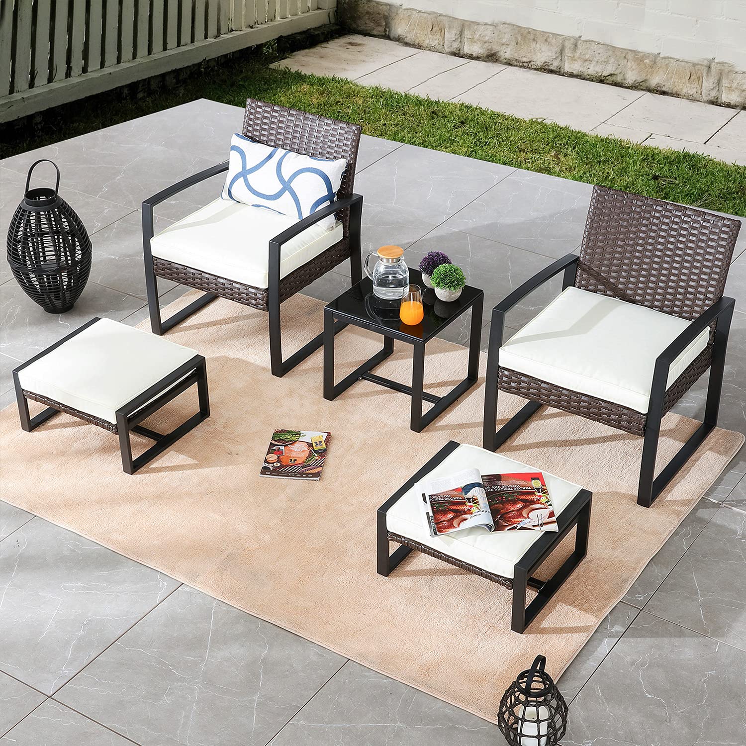 PatioFestival 5-Piece Wicker Outdoor Conversation Set with Beige Cushions & Ottoman - Perfect for Backyard, Garden, and Poolside Relaxation
