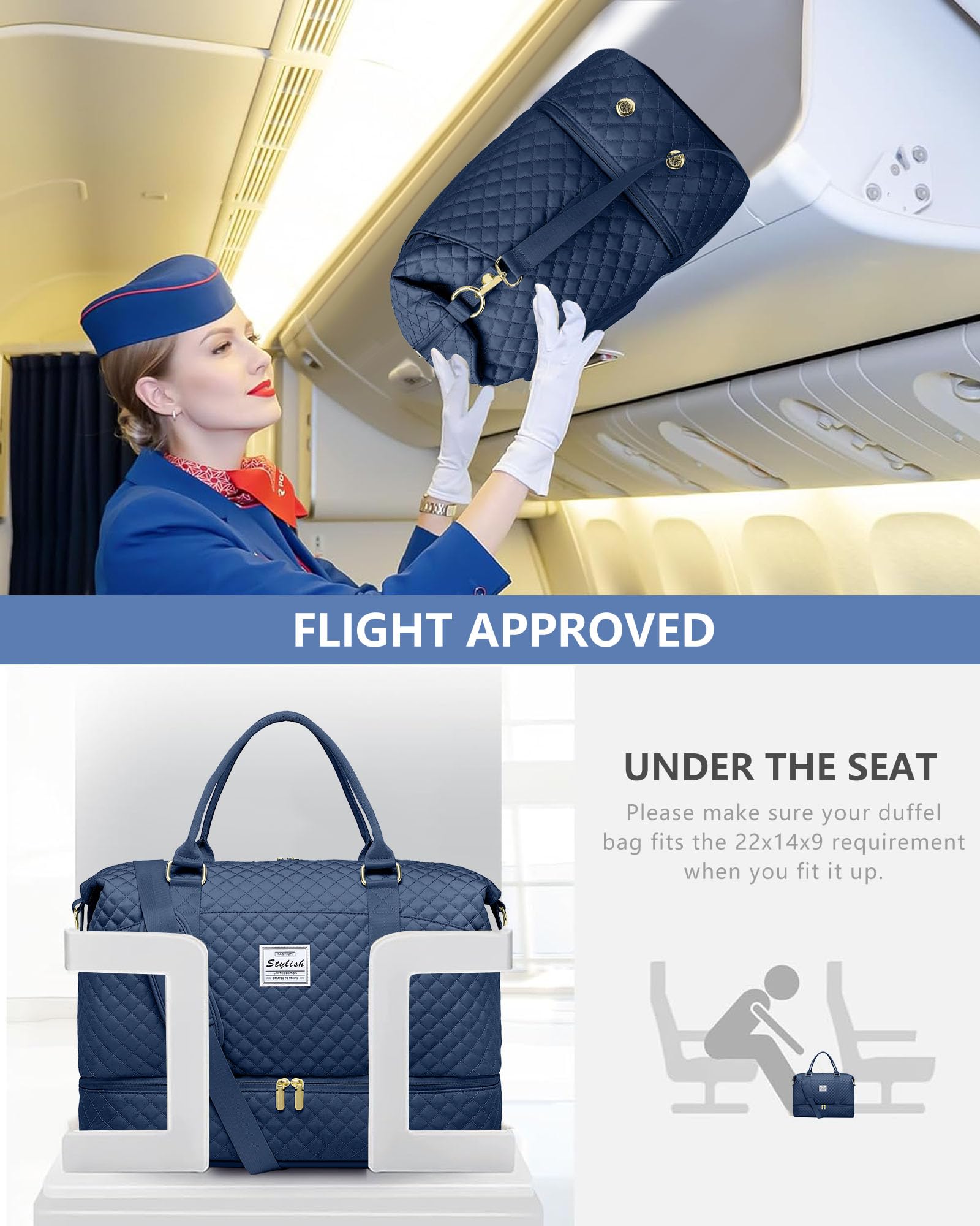 Women's Weekender Duffle Bag with Shoe Compartment & Wet Pocket - Lightweight Travel Overnight Bag, Carry-On Approved for Airplane, Hospital, Labor & Delivery - Perfect for Gym, Weekend Getaways & Business Trips (Blue)