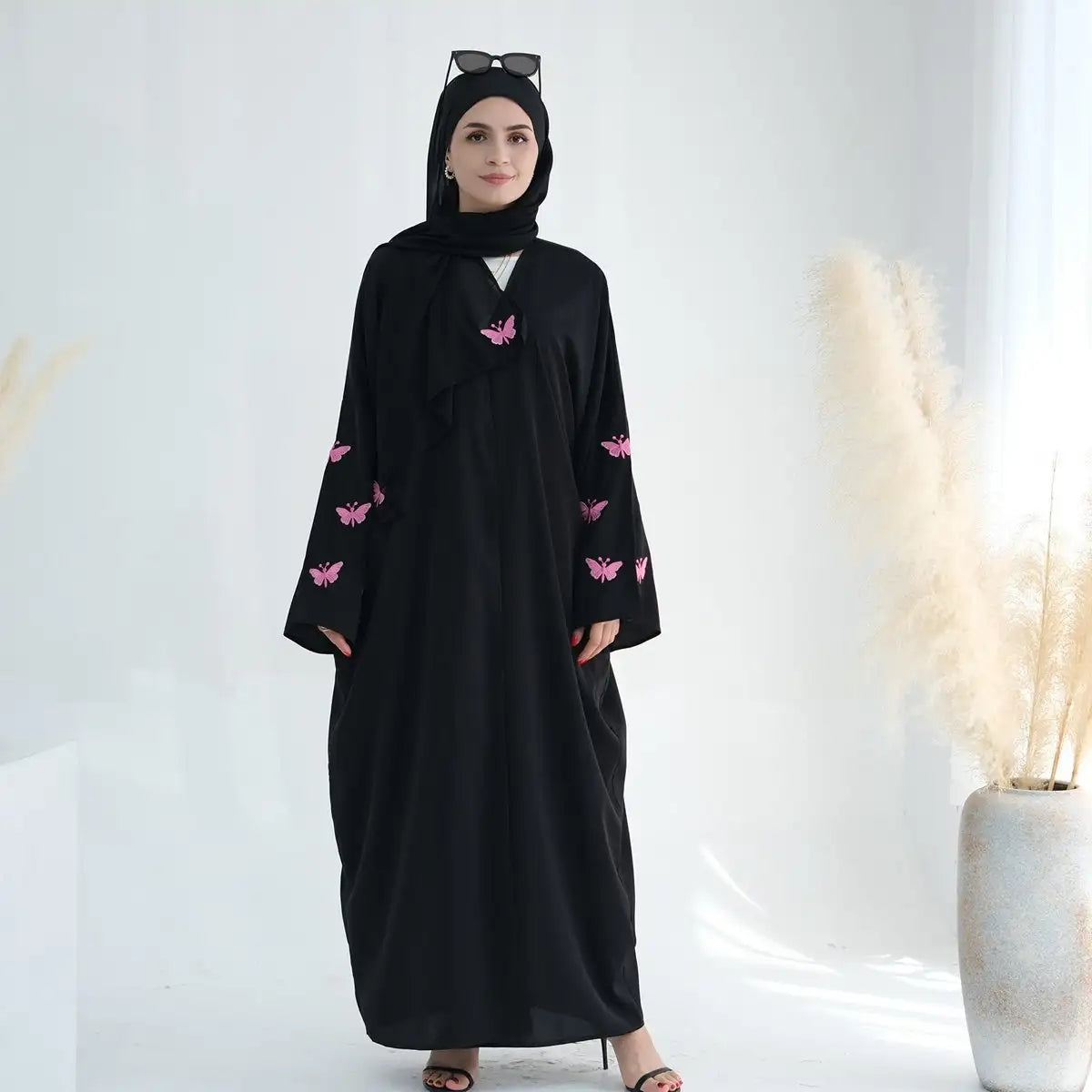 Elegant Butterfly Embroidery Cardigan Open Abaya Dress - Flowy Muslim Kaftan Cover Up for Women, Perfect for Prayer, Mosque, and Special Occasions