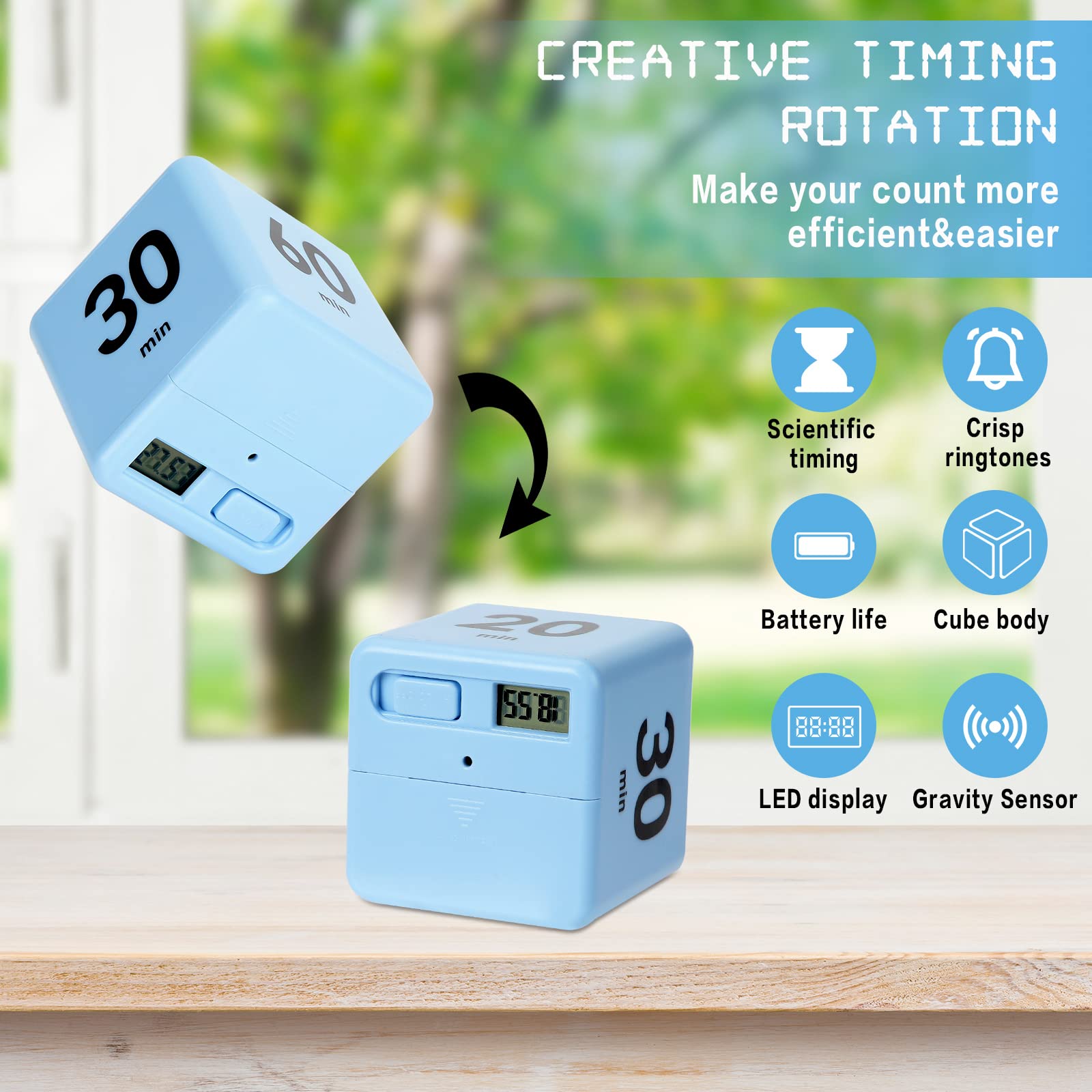 Weewooday 2.6 Inch Cube Timer Block - ADHD Focus Tool, Productivity Timer for Work & Study with Gravity Sensor - 15/20/30/60 Minute Countdown - Blue (Perfect for Kitchen, Office, Gym & Classroom Time Management)