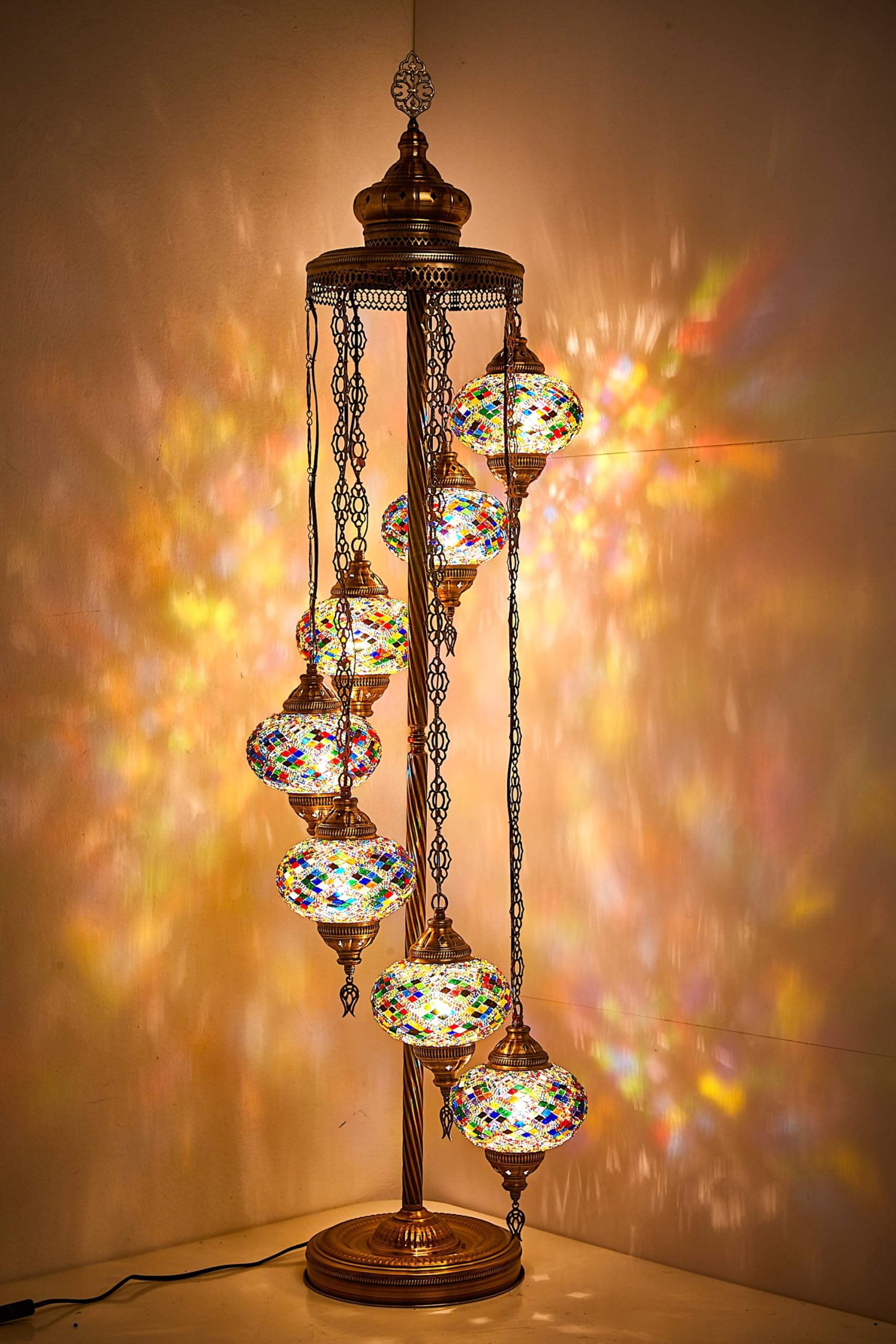DEMMEX - 7 Large Handcrafted Turkish Moroccan Mosaic Floor Lamp, 5-Foot Tall Tiffany-Style Bohemian Standing Lamp with 7-Inch Globes, Boho Chic Lighting for Living Room, Bedroom, Office - Perfect for Home Decor, Meditation Spaces & Cozy Reading Nooks