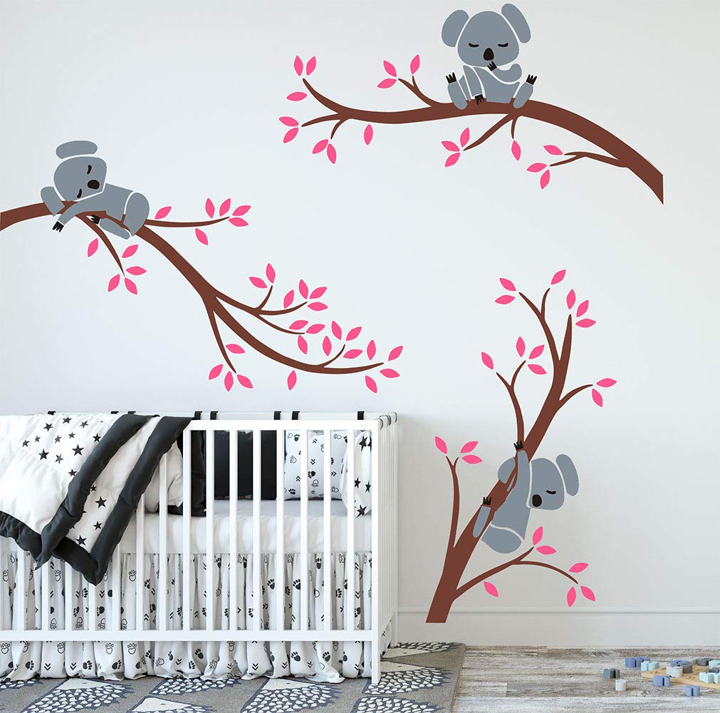 Three Koalas Tree Branches Wall Decal Sticker - Nursery & Kids Room Decor in Brown & Pink | Easy Peel & Stick Wall Art for Baby Girl & Boy Bedroom