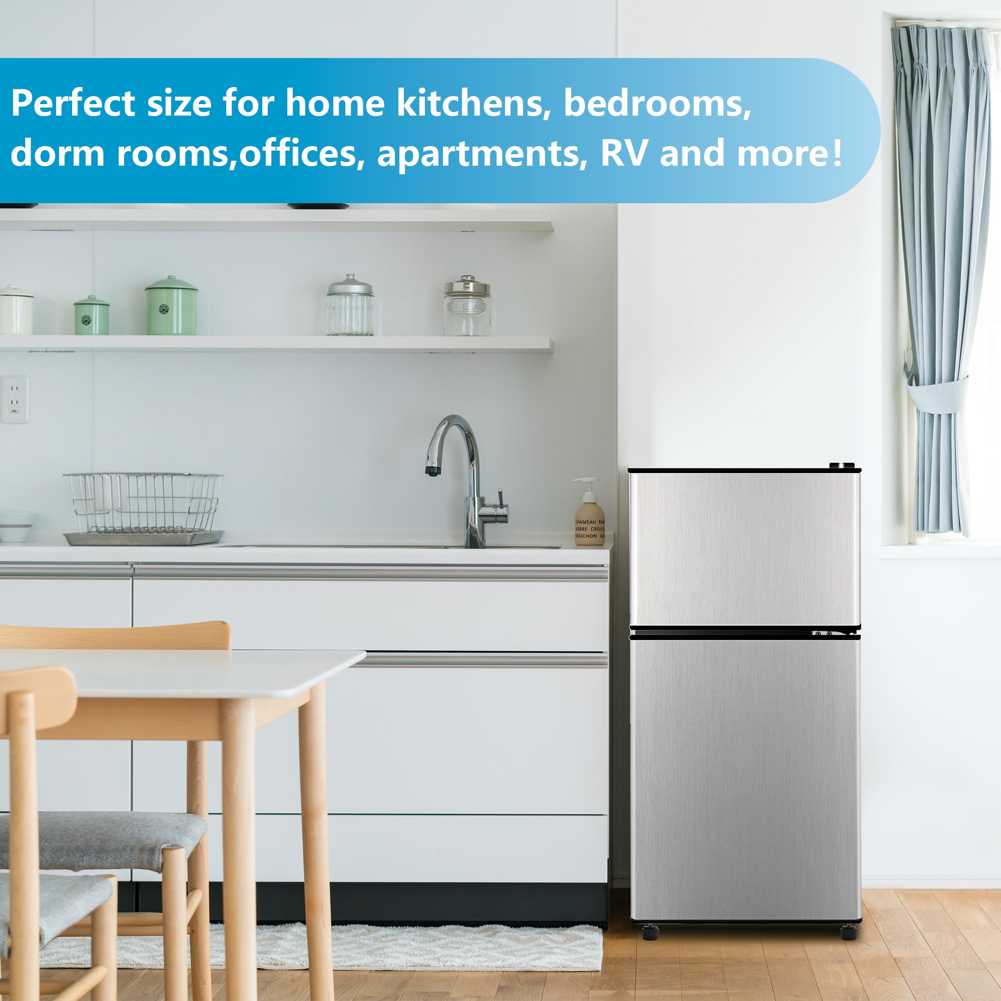 3.2 Cu Ft Energy Efficient Refrigerator with Freezer - 2 Door Compact Fridge for Apartments, Dorms, Kitchens, Offices & Bedrooms - Ultra Quiet Cooling for Small Spaces