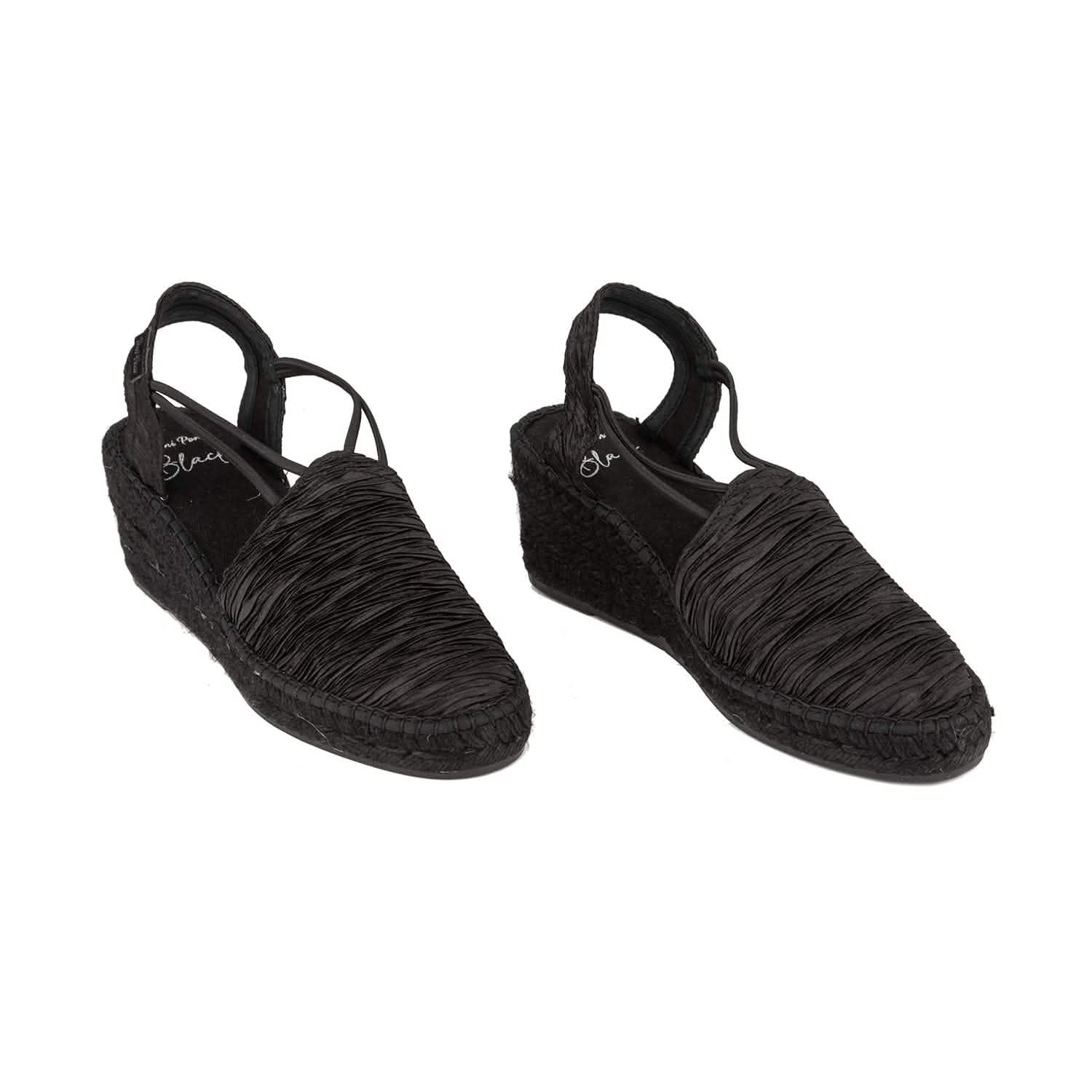 Women's Black Cotton Blend Wedge Espadrilles - Comfortable Summer Casual Shoes for Beach, Walking & Outdoor Activities | Tania PLBK