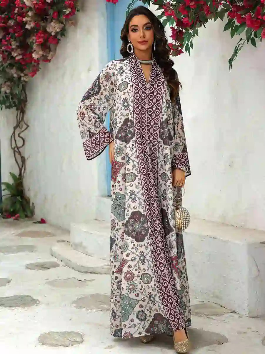Elegant Chiffon Printed Eid Dress Caftan Kaftan for Women - Flowy Long Sleeve Maxi Dress with V-Neck - Perfect for Eid Celebrations, Weddings & Special Occasions