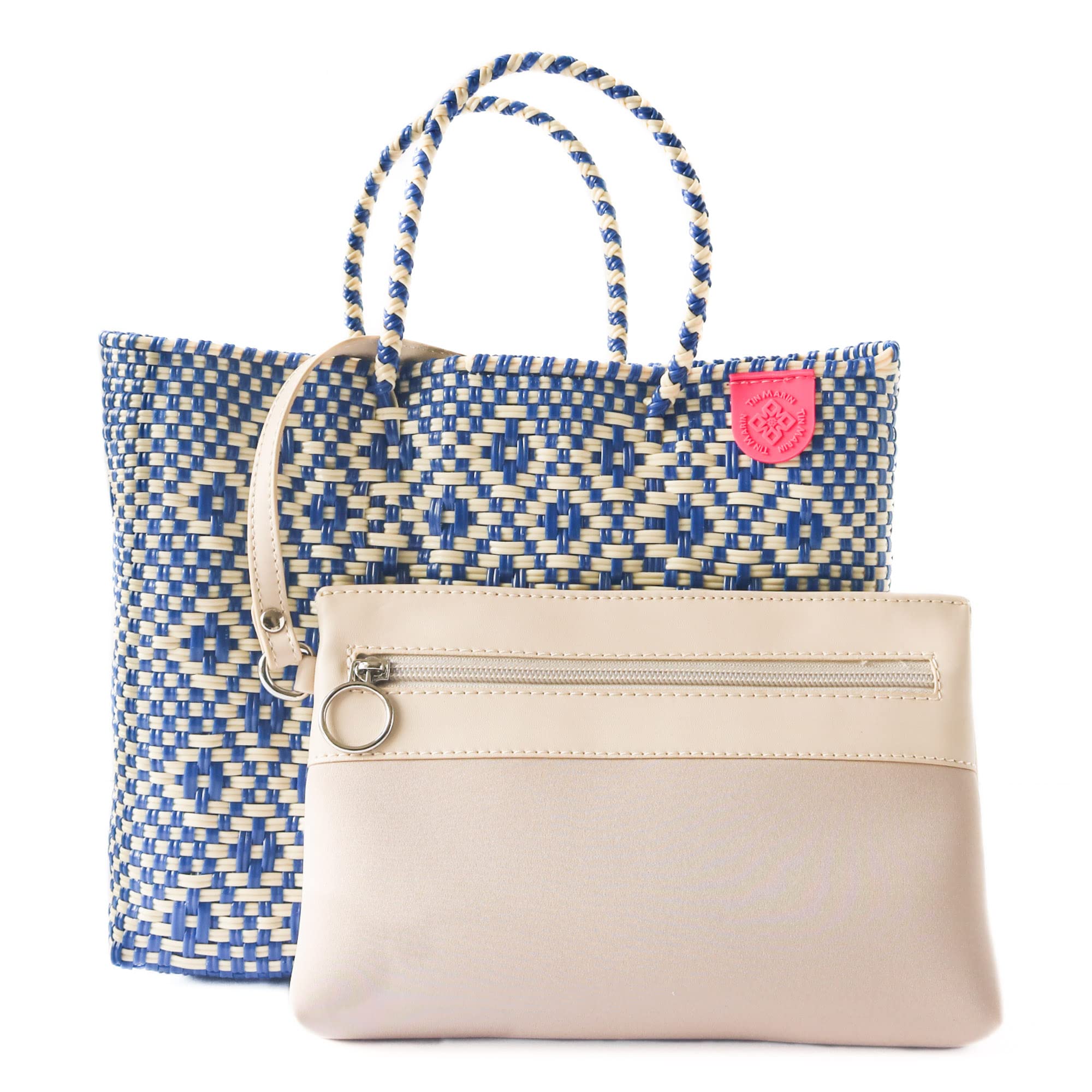 Eco-Friendly Blue & Beige Woven Crossbody Bag with Detachable Mesh Pouch - Recycled Plastic Beach Purse, Handmade Mexican Artisan Bag for Women | Perfect for Vacation, Travel & Summer Outings