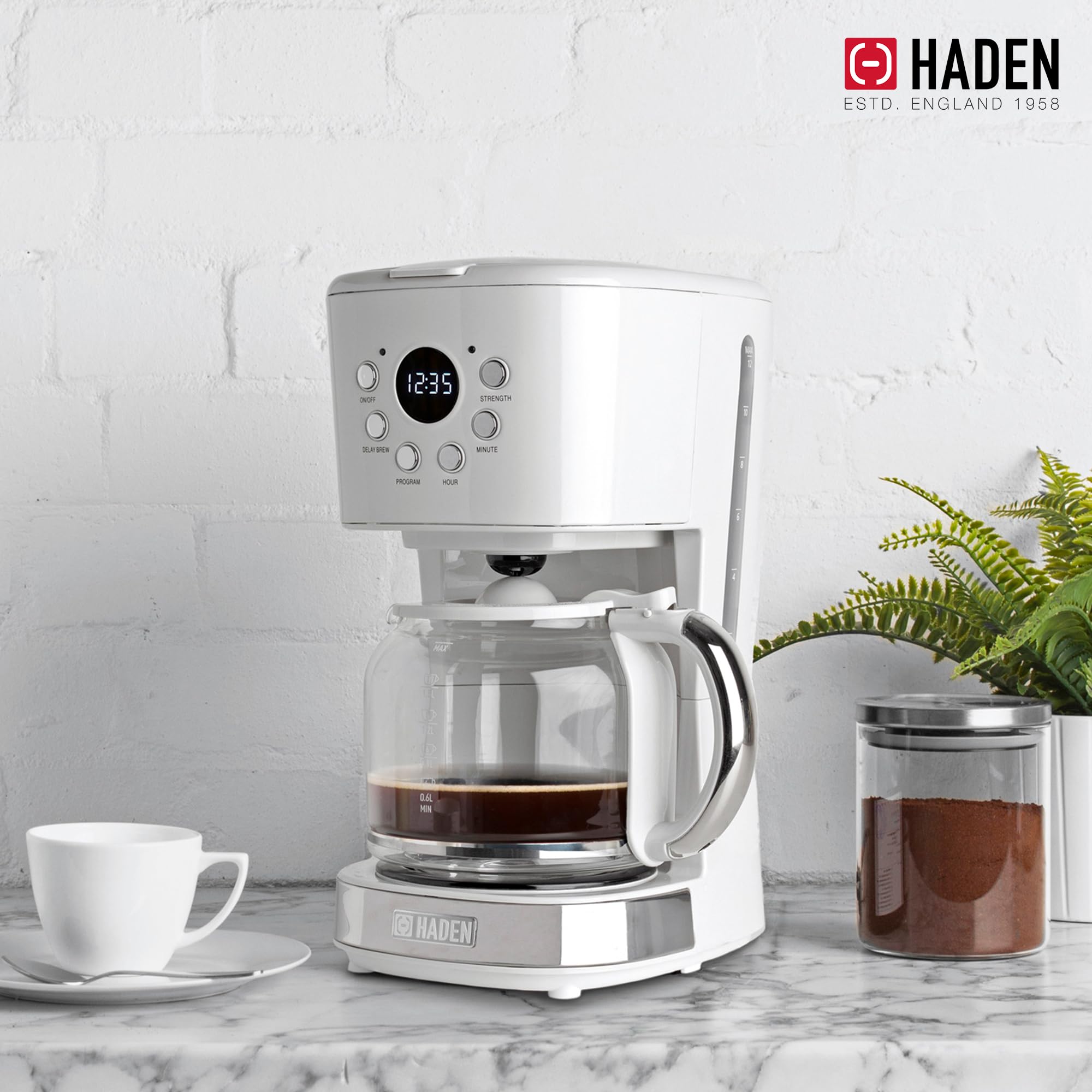 HADEN 12 Cup Programmable Drip Coffee Maker with Auto Shut-Off - Stainless Steel & Ivory Coffee Machine for Home & Office Use