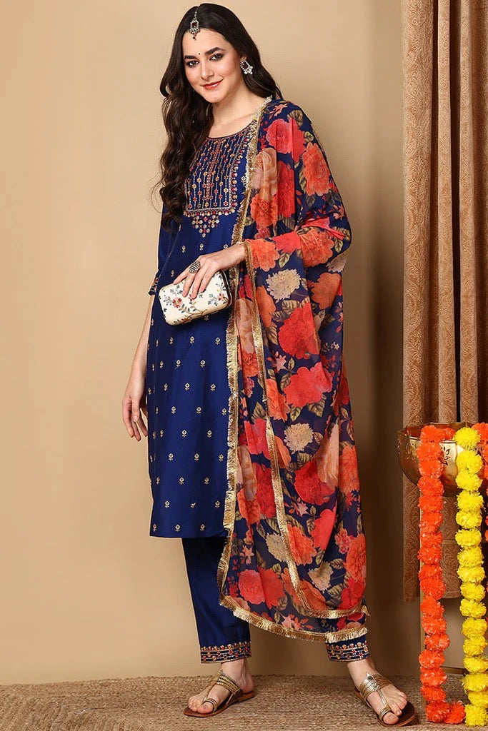 Elegant Navy Blue Silk Blend Kurta Set for Diwali & Festive Wear | Traditional Indian Ethnic Outfit for Women | Perfect for Weddings, Parties & Cultural Celebrations