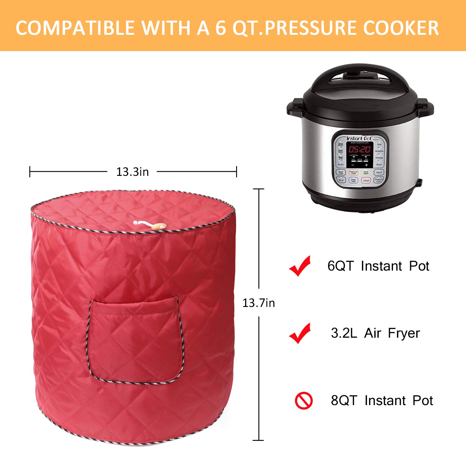 **6 Quart Air Fryer Cover - Dust-Proof Electric Appliance Protector for Instant Pot & Pressure Cooker with Convenient Pocket (Red) - Perfect for Kitchen, Camping & Travel**