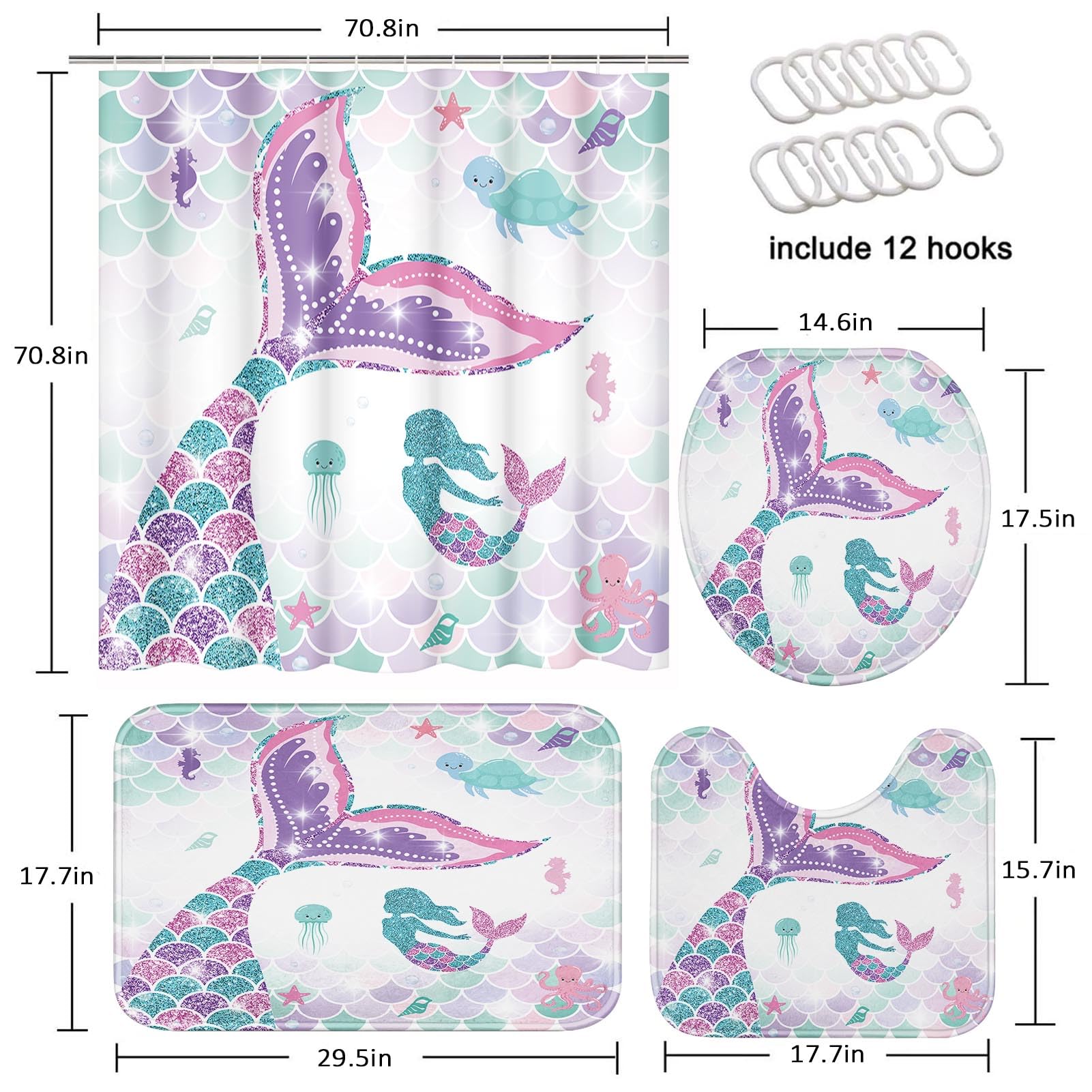 ArtSocket Pink Mermaid Tail Bathroom Set - 4 Piece Shower Curtain with Matching Rugs, Sea Turtle & Seahorse Design | Coastal Themed Bathroom Decor for Kids & Teens | Perfect for Beach House, Summer Vacation or Mermaid Lover's Bathroom