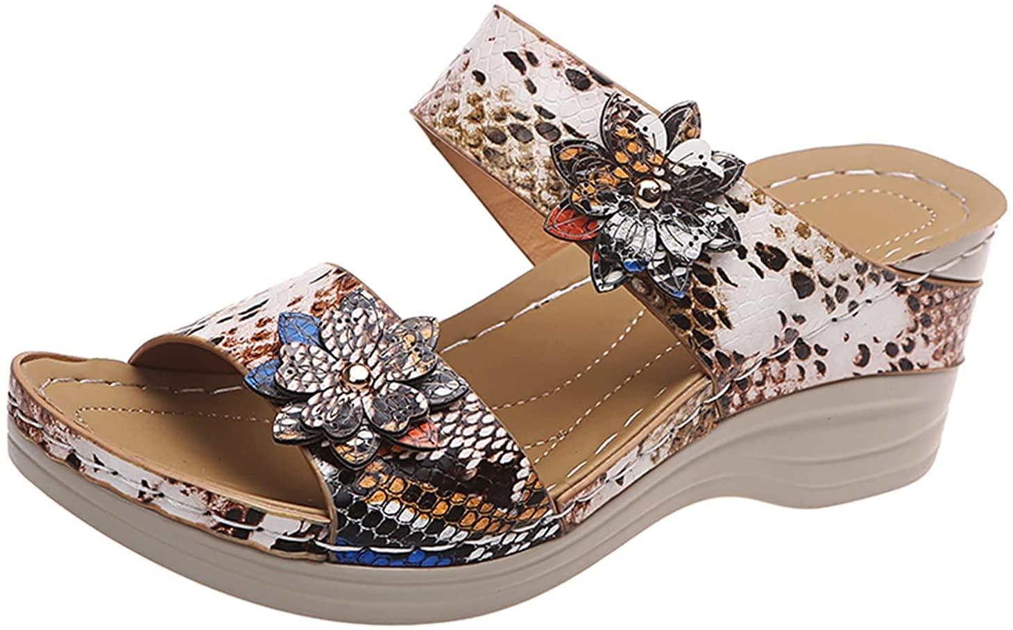 Women's Summer Sandals 2023 - Comfortable Platform Wedge Sandals with Leopard/Snake Print & Floral Decor | Round Toe Slingback High Heels for Beach, Vacation & Casual Outfits