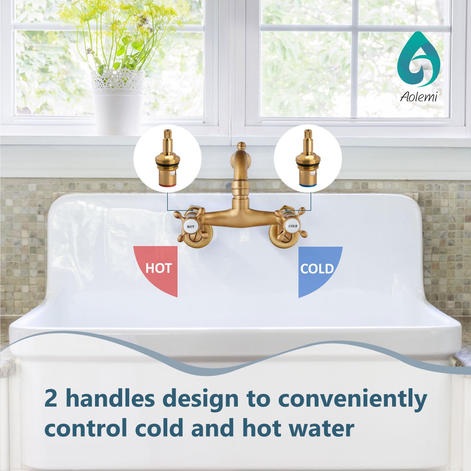 Aolemi Antique Brass Wall Mount Kitchen Faucet with 2 Cross Handles & 6 Inch Spout - Adjustable Center 3-9 Inch for Laundry Sink, Utility Sink, Basement, Garage or Outdoor Use