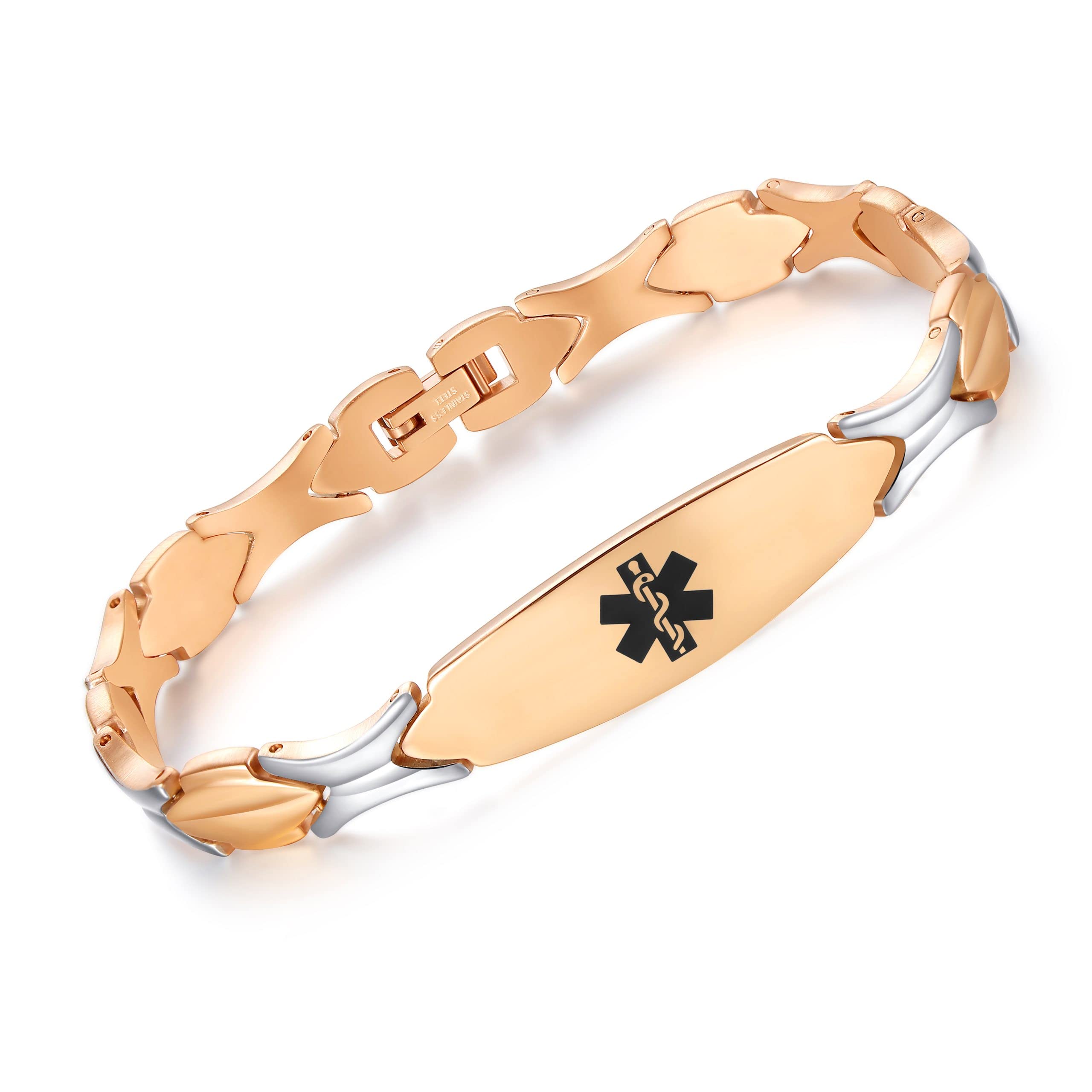 LinnaLove Fashion Shiny Stainless Steel Medical ID Bracelet for Women - Free Engraving, Waterproof & Hypoallergenic - Perfect for Daily Wear, Travel & Emergency Medical Identification