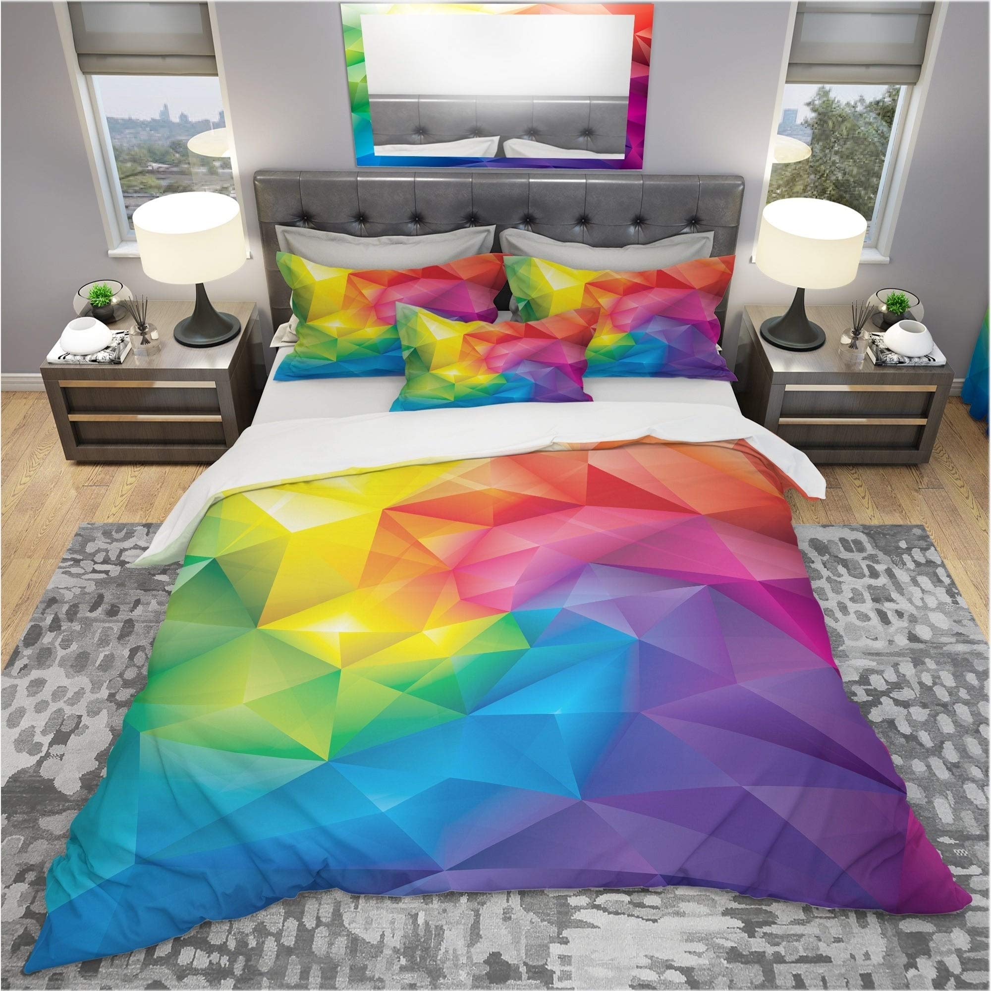 Designart 'Rainbow 3D Triangular Geometry' Modern Bedding Set - King Size Duvet Cover & 2 Shams | Contemporary Geometric Pattern | Vibrant Color Home Decor for Master Bedroom, Guest Room & Dorm
