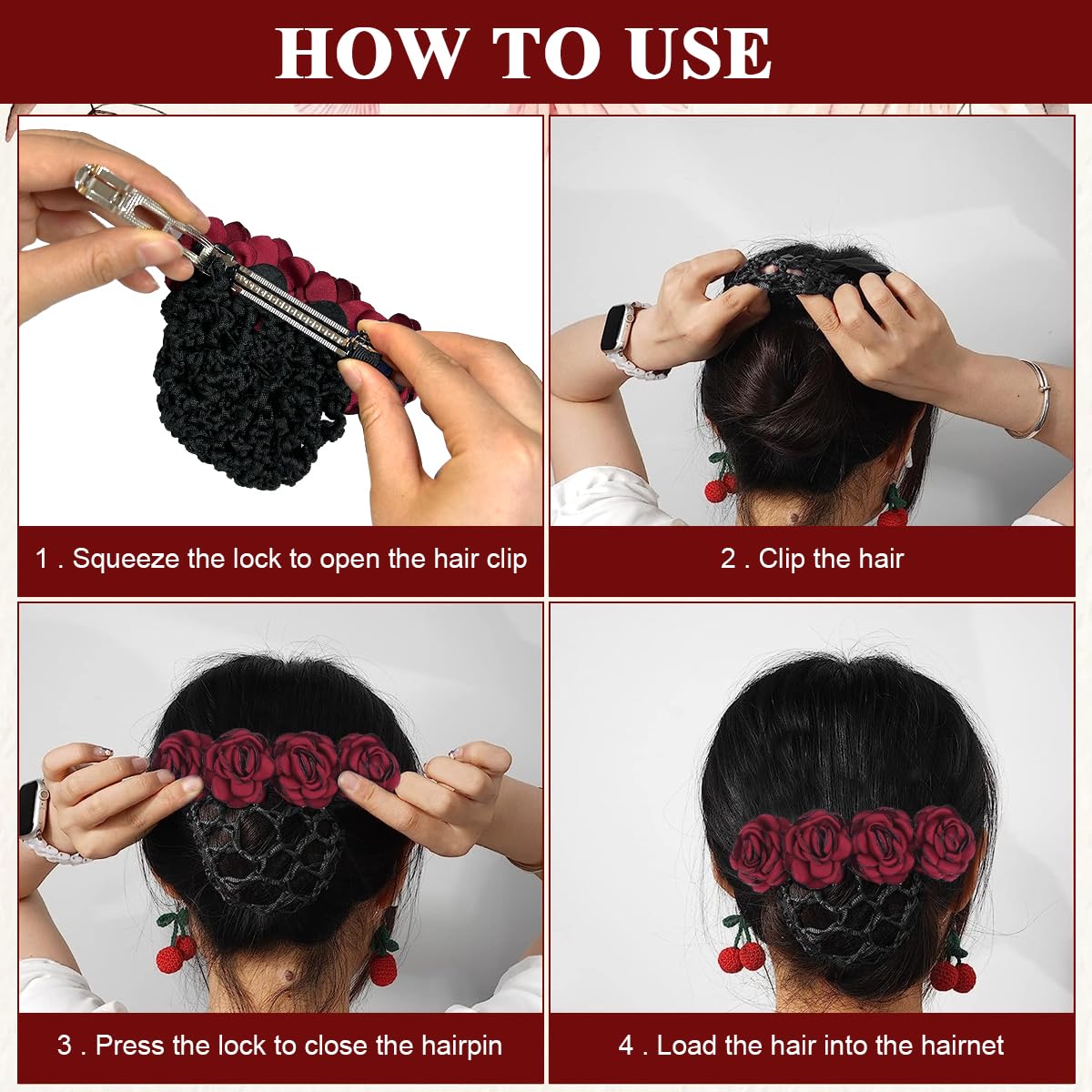 MAYCREATE® Women's Floral Hair Bun Clip with Net - Elegant Hair Accessories for Work, Daily Use, Dancers & Nurses (Red) | Perfect for Professional, Casual & Dance Occasions