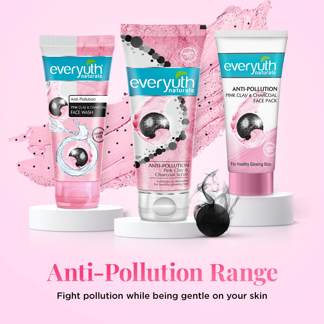 Everyuth Naturals Anti-Pollution Pink Clay & Charcoal Face Scrub 50g - Deep Cleansing & Exfoliating for Glowing Skin - Perfect for Daily Skincare Routine & Pollution Protection