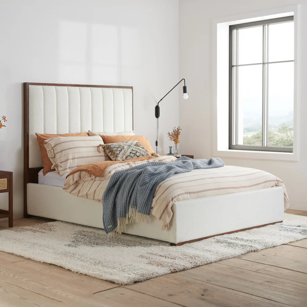 Tay White Boucle Bed Frame - Modern Upholstered Platform Bed with Solid Wood Legs for Bedroom, Guest Room & Dorm