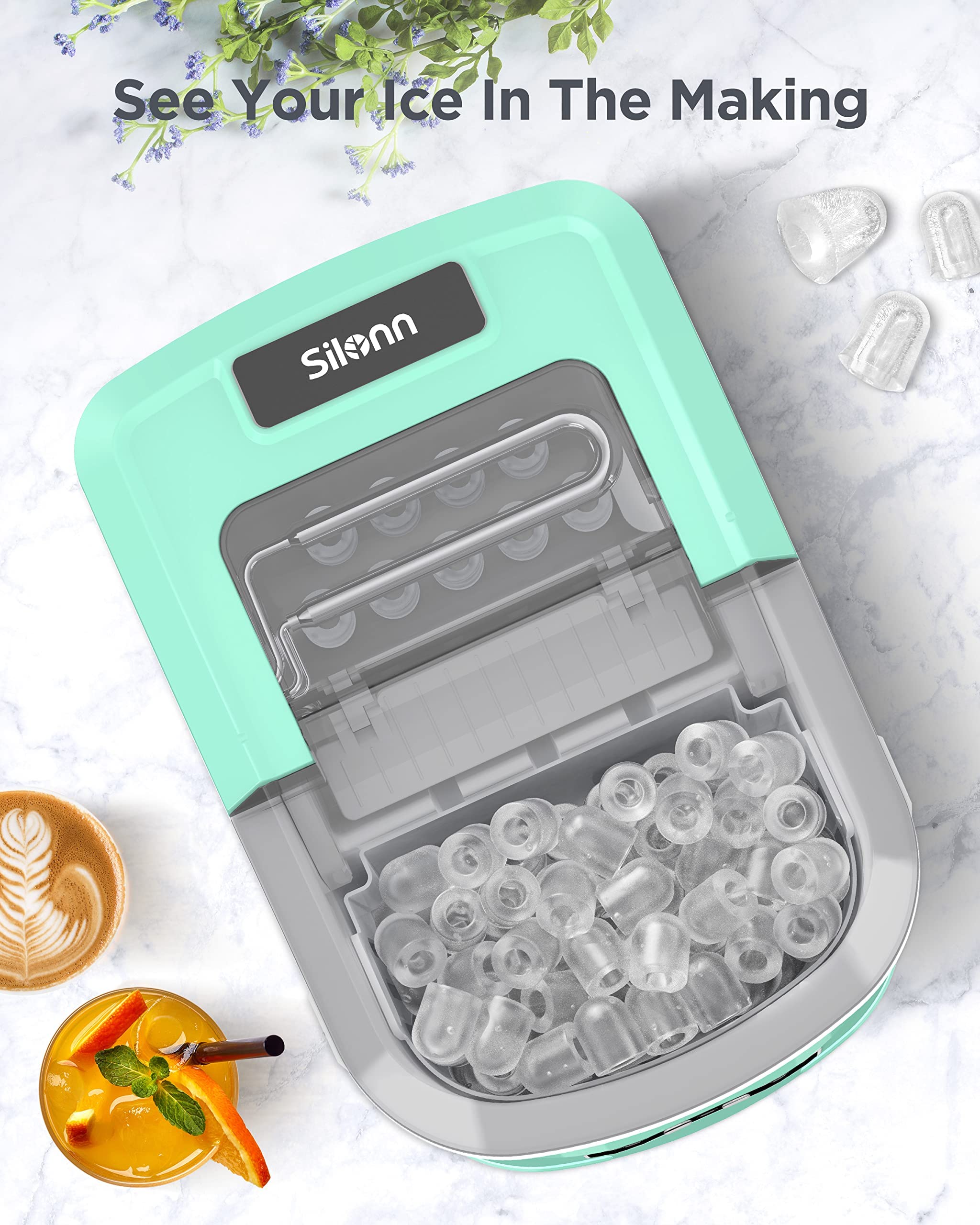 Silonn Countertop Ice Maker Machine - 26 lbs Daily, 9 Cubes in 6 Mins, Self-Cleaning & Portable with Ice Scoop & Basket - Perfect for Home, Office, RV, and Parties
