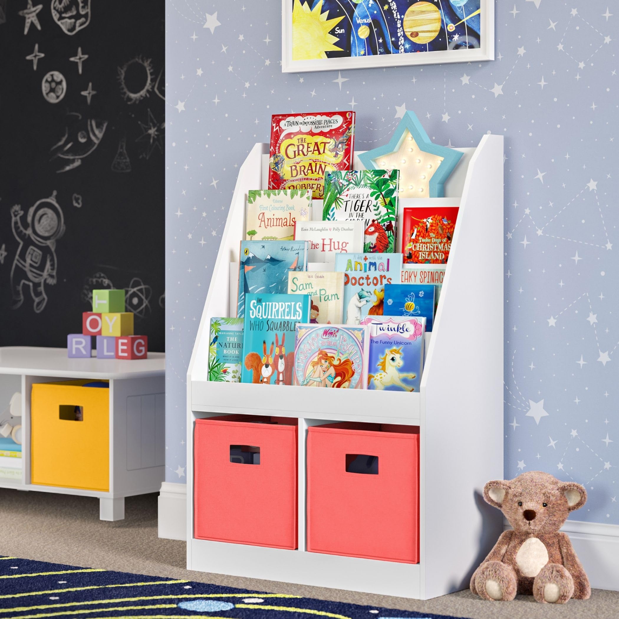 RiverRidge Kids Bookshelf and Toy Storage Organizer - 4-Tier Book Rack with 2 Cubbies & 2 Coral Bins - Space-Saving Nursery Bookshelf for Bedroom, Playroom or Classroom - Perfect for Organizing Children's Books, Toys and School Supplies