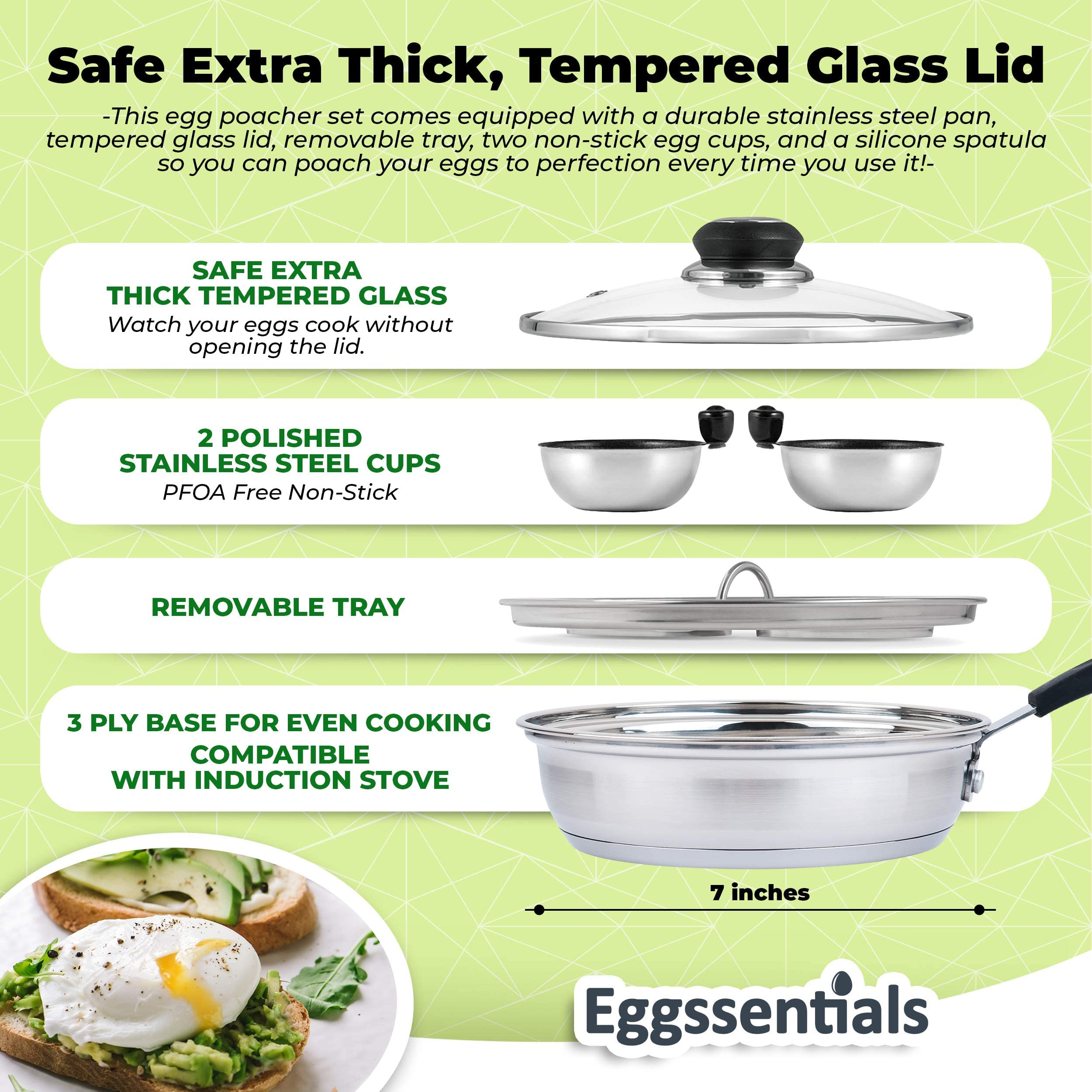 Premium Stainless Steel Egg Poacher Pan with Silicone Handle - 2 Poaching Cups, Food Grade Safe, PFOA Free, Includes Spatula - Perfect for Healthy Breakfast, Poached Eggs, Keto & Low-Carb Diets, Meal Prep & Cooking Enthusiasts
