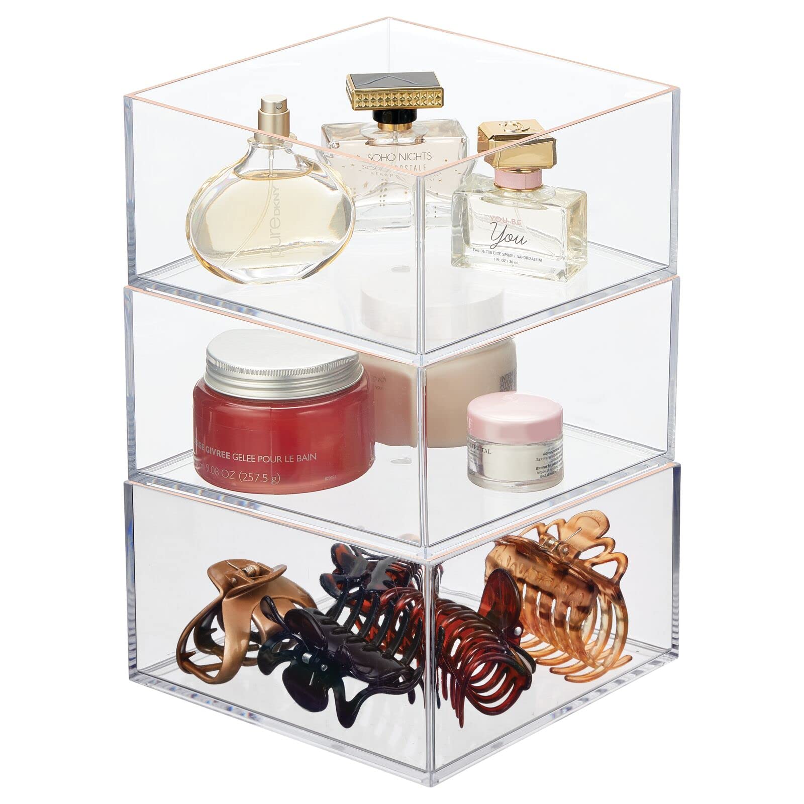 mDesign Makeup Organizer Set - 3 Pack Clear/Rose Gold Cosmetic Storage Bins for Brushes, Eyeshadow, Lipstick & Blush - Perfect for Bathroom, Bedroom & Vanity Countertops - Keep Your Makeup Collection Neat & Organized