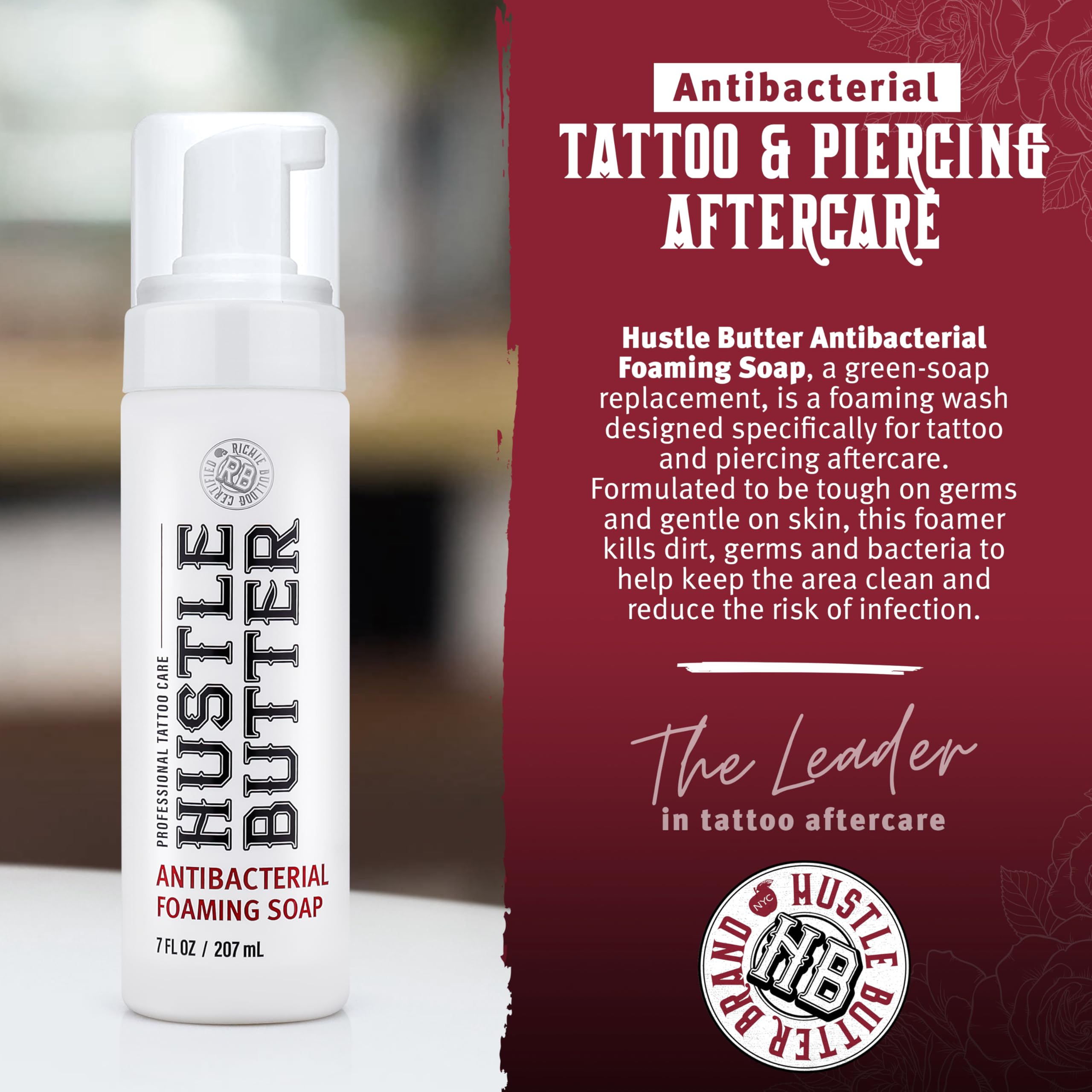Hustle Bubbles Tattoo Aftercare Soap - Antibacterial Cleanser for New Tattoos & Piercings - 7oz Essential Tattoo Supplies - Perfect for Post-Tattoo Healing & Body Art Maintenance