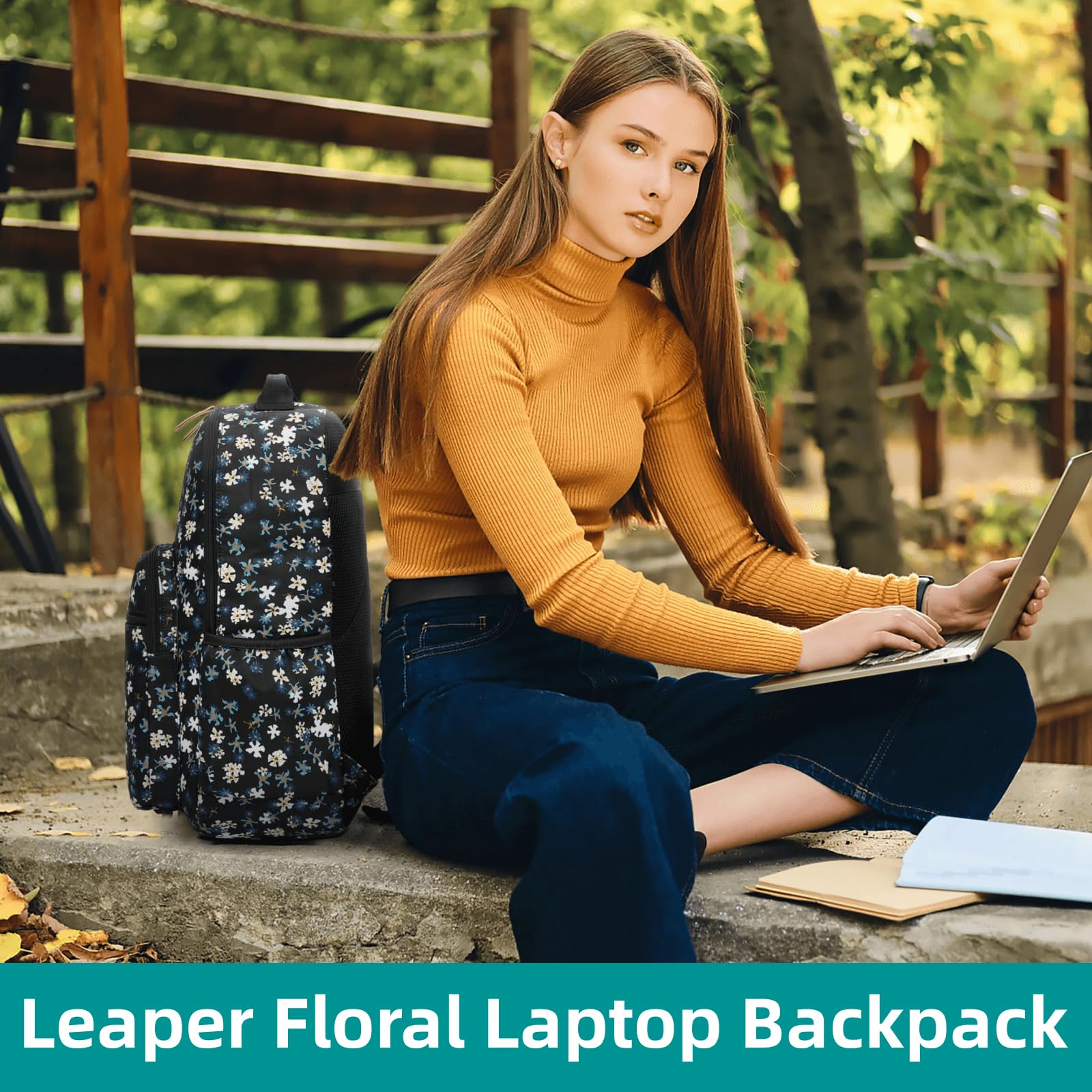 **Leaper Daisy Print Laptop Backpack for Women & Girls - Lightweight Travel Backpack, School Backpack, College Daypack, Bookbag - Perfect for Work, Travel & School (Black)**