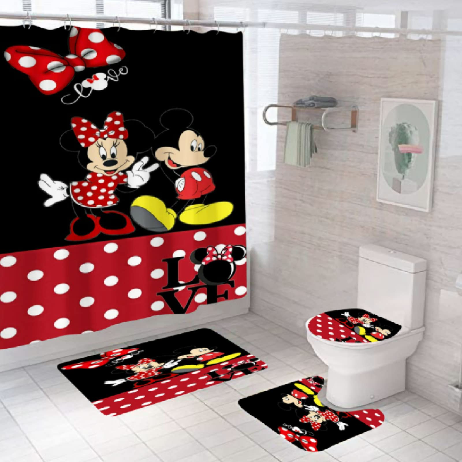 4-Piece Mickey & Minnie Mouse Shower Curtain Set with Bath Mat & Accessories - Waterproof Fabric Bathroom Decor with 12 Hooks, 72x72 Inches - Perfect for Kids' Bathroom, Disney Themed Nursery, or Gift Idea