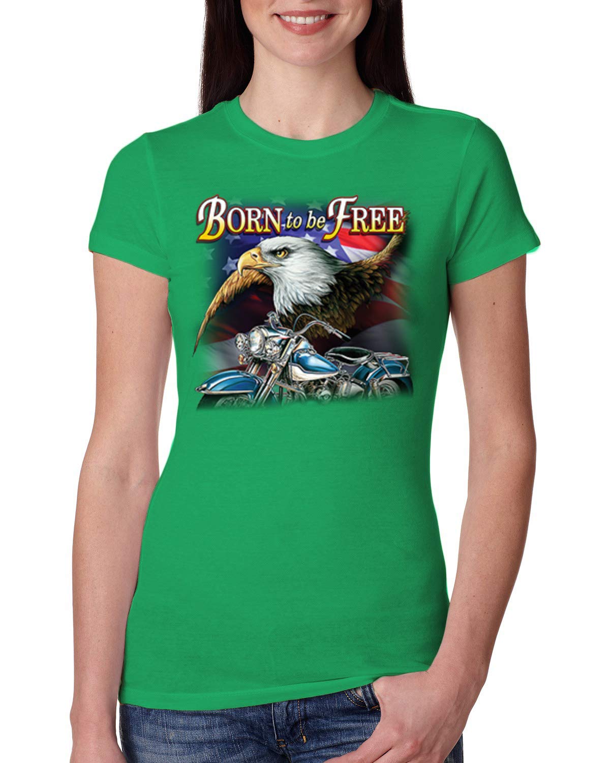 Born to Be Free Bald Eagle & American Flag Women's Slim Fit Junior Tee - Patriotic Graphic T-Shirt for Casual Wear & 4th of July Celebrations