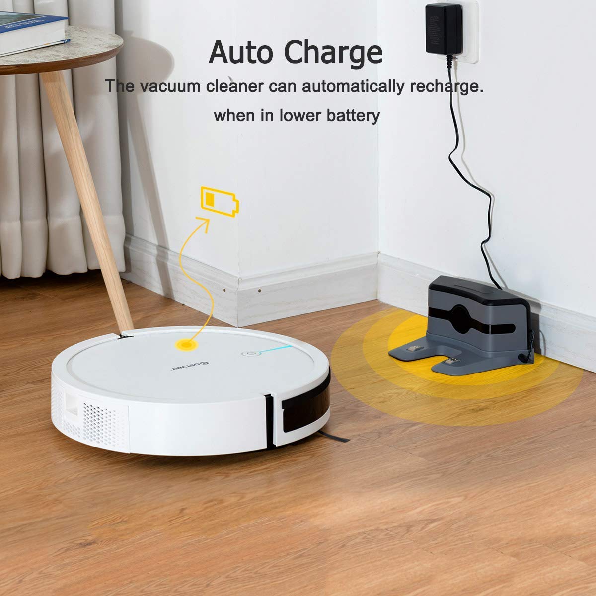 COSTWAY Robot Vacuum Cleaner with 2000Pa Strong Suction, Smart Scheduling & Self-Charging | Ultra Quiet Pet Hair Vacuum for Hard Floors & Thin Carpets | Ideal for Home, Office & Pet Owners