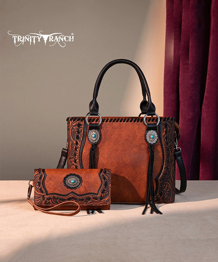 Trinity Ranch Floral Tooled Concho Tote Bag Set - Western Style Leather Handbag for Women - Perfect for Cowgirl Fashion, Rodeo Events & Country Outfits
