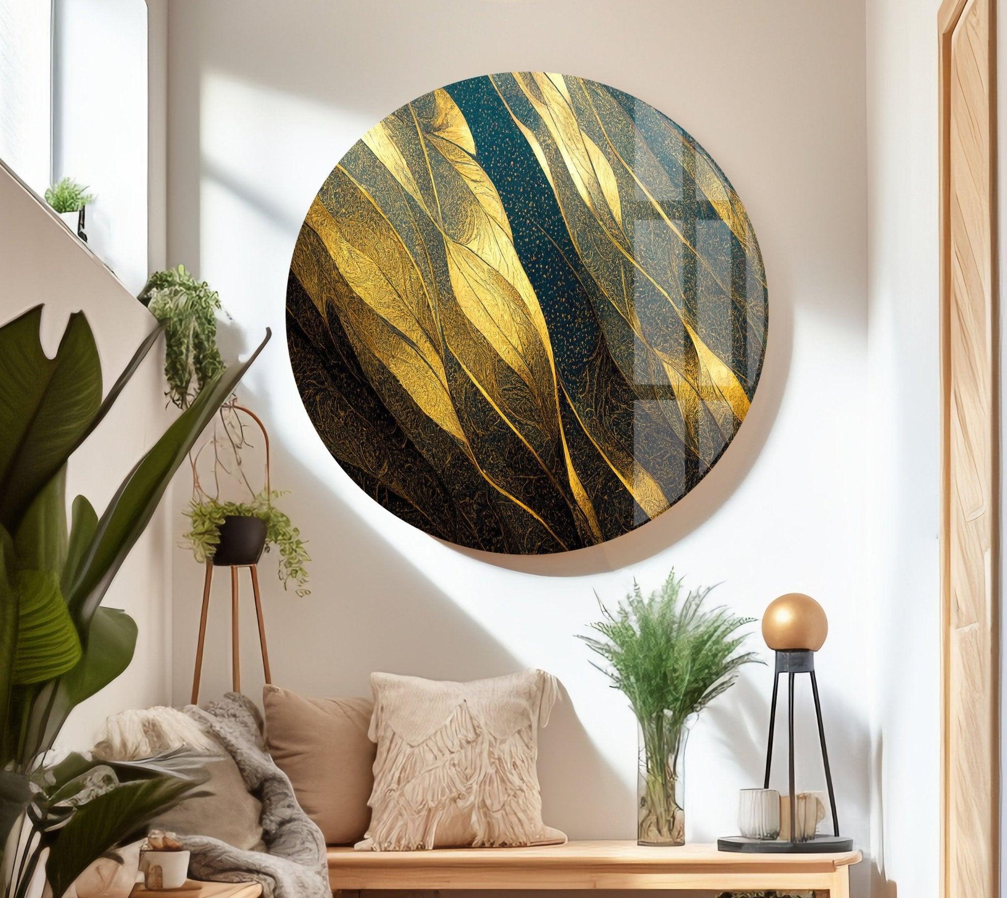 Abstract Decorative Golden Elegant Glass Wall Art - Modern Home Decor for Living Room, Bedroom & Office | Handcrafted Glass Panel for Stylish Interior Design