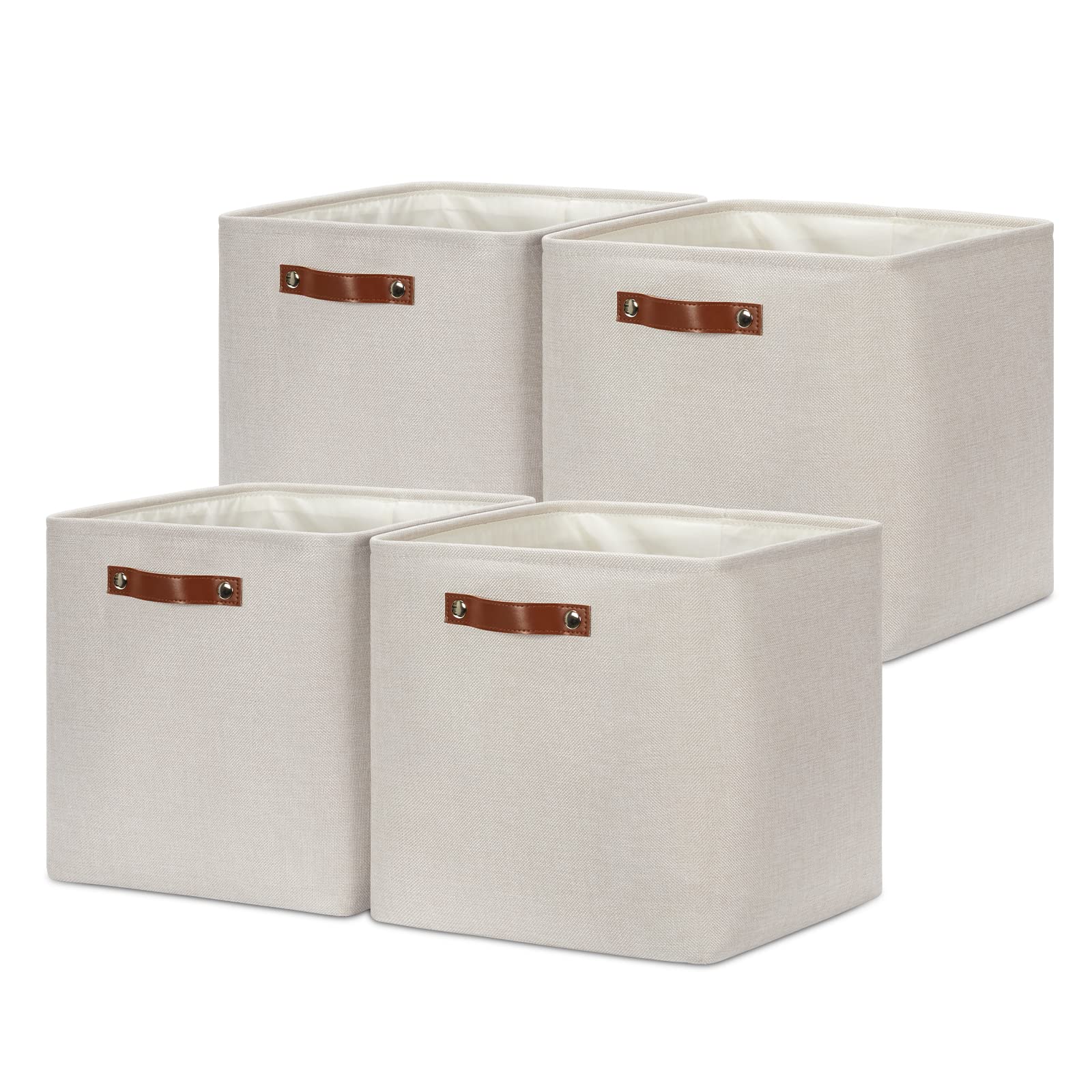 DULLEMELO 13x13x13 Inch Decorative Storage Bins - 4 Pack Beige Cube Organizer with Leather Handles for Home, Office, Shelves & Closet - Perfect for Toys, Books, Blankets & Seasonal Storage