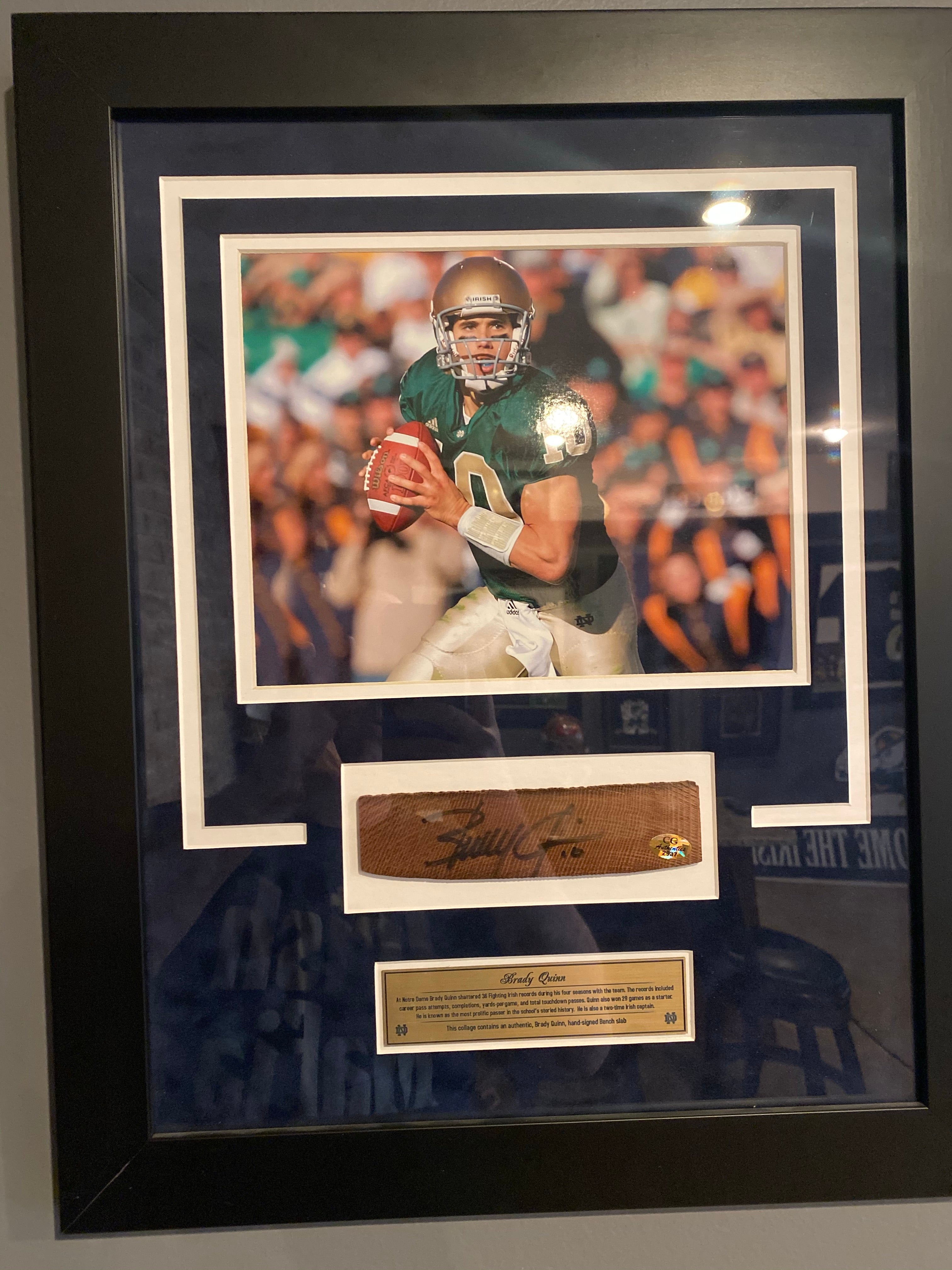 Brady Quinn Autographed Notre Dame Football Jersey Bench Slab Collage - Perfect for Sports Memorabilia Collectors and Fighting Irish Fans