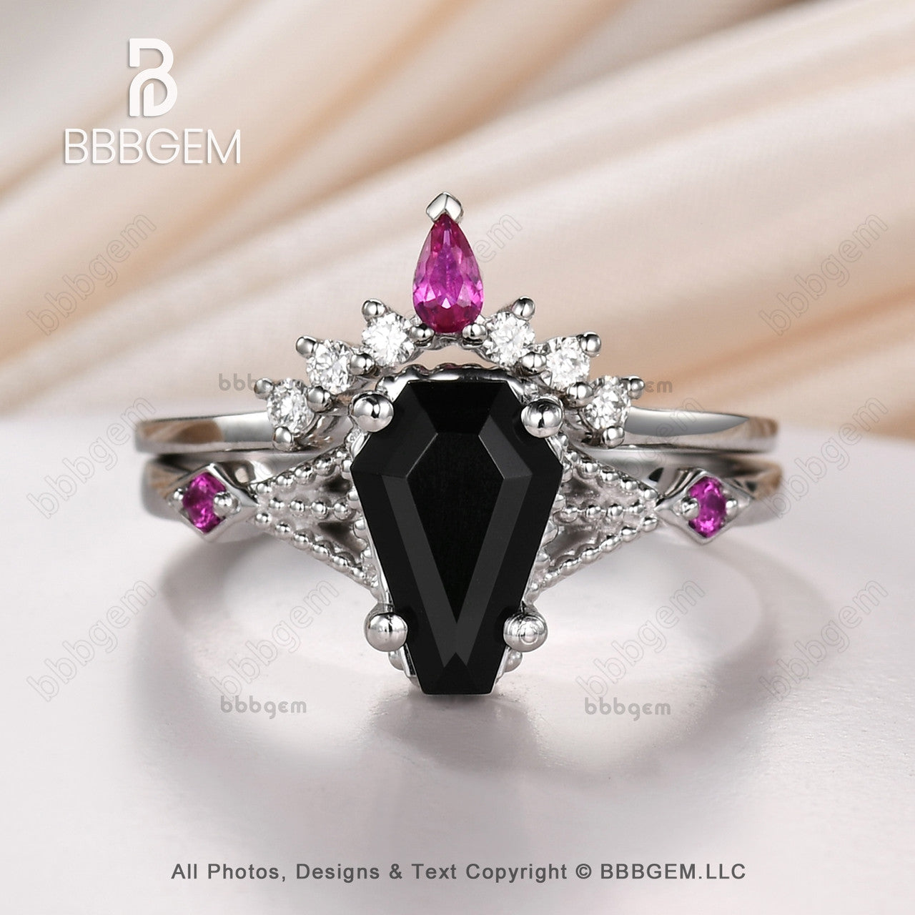 Platinum Black Spinel & Diamond Wedding Ring Set - 9x6mm Coffin Cut Onyx with Lab-Grown Ruby | Elegant Gothic Jewelry for Weddings, Anniversaries & Alternative Fashion