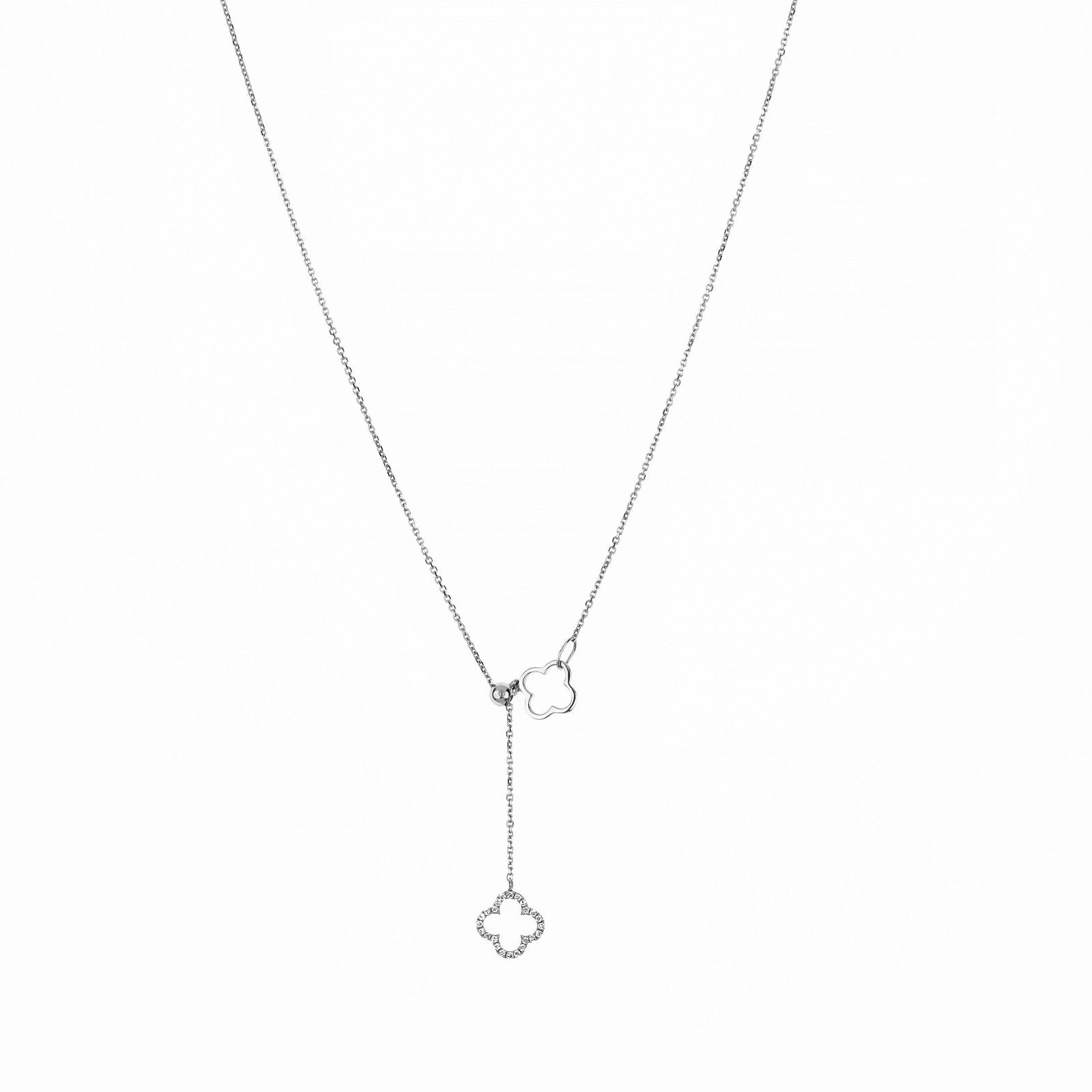 14K White Gold Diamond Clover Lariat Bolo Necklace for Women - Elegant Layered Pendant Jewelry Gift for Birthday, Anniversary & Special Occasions