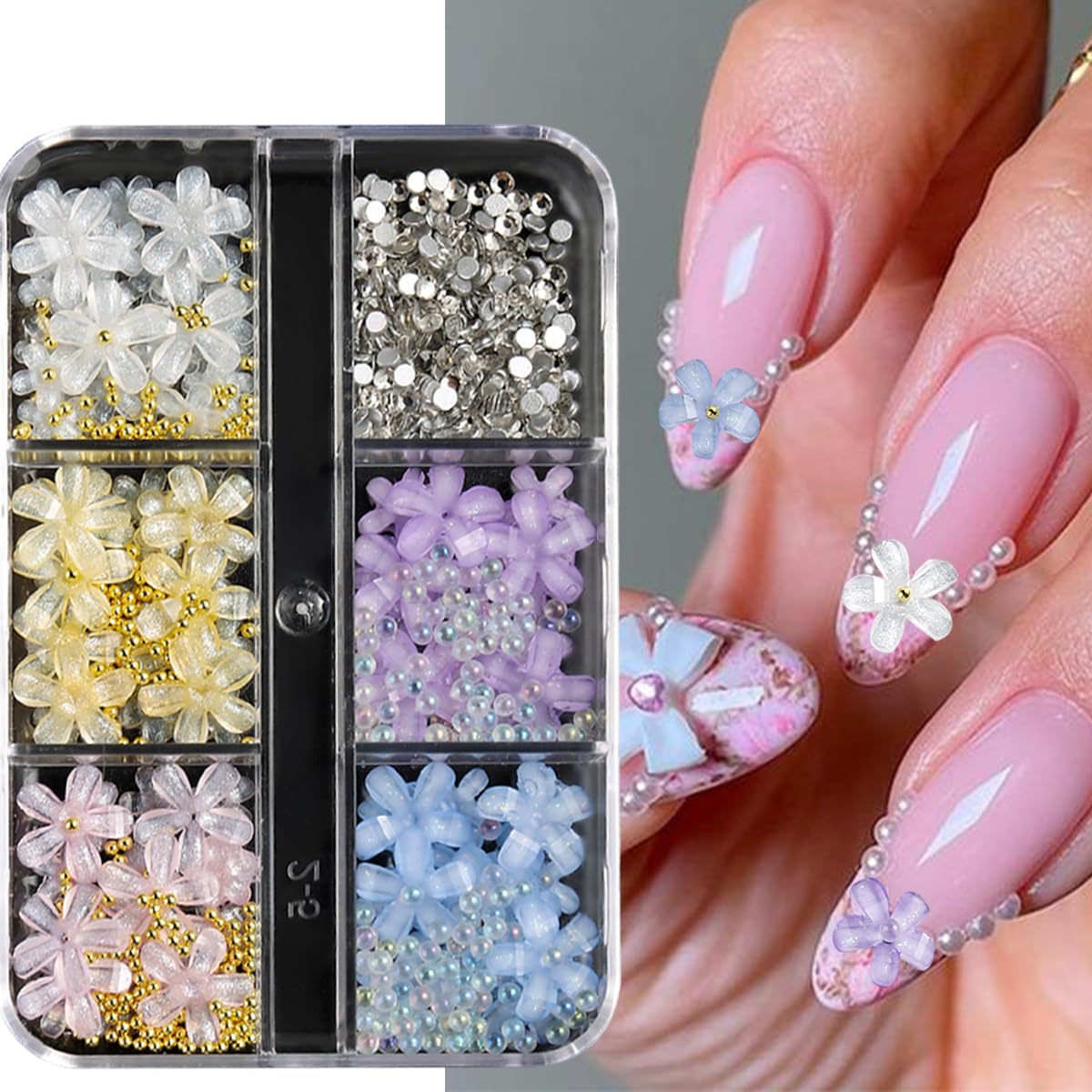 3D Colorful Flower Nail Charms - 6 Grids Acrylic Nail Art DIY Accessories with Gold Beads, Pearls & Rhinestones for Manicure, Wedding, Party Nail Designs