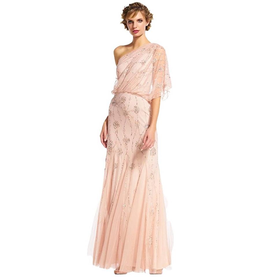 Adrianna Papell One Shoulder Beaded Gown - Elegant Blush Evening Dress for Prom, Wedding & Formal Events