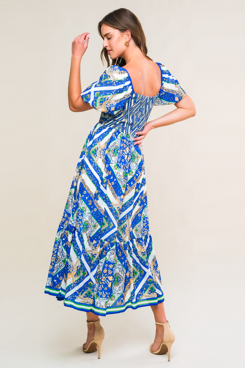 Palm Springs Puff Sleeve Midi Dress in Blue | Flowy Summer Dress for Women | Perfect for Beach Vacations, Brunch Dates & Outdoor Weddings