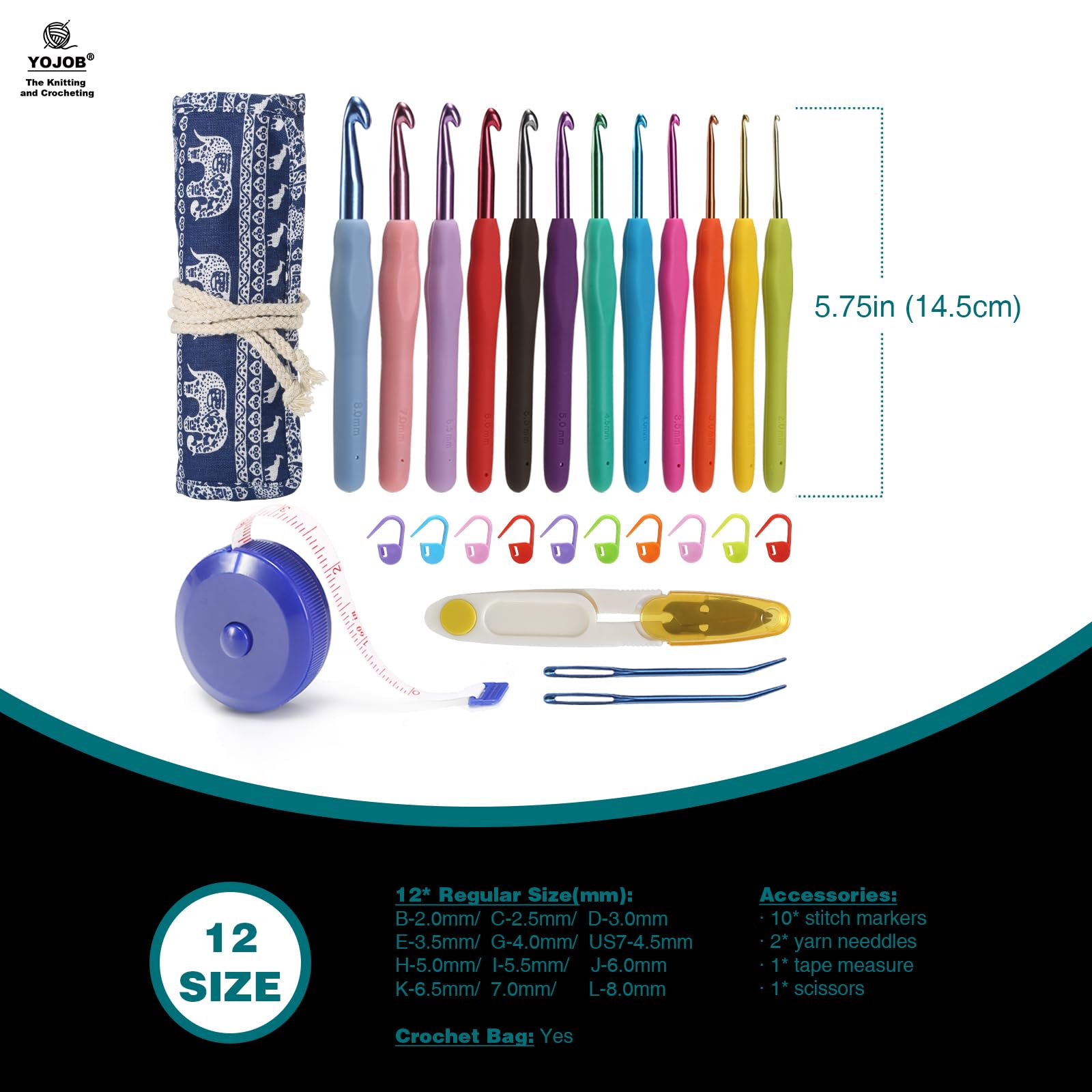 YOJOB Ergonomic Crochet Hooks Set (12 Sizes 2.0mm-8.0mm) - Soft Grip Knitting Needles with Case & Accessories for Yarn Crafts, DIY Projects & Crochet Beginners | Perfect for Blankets, Scarves & Amigurumi