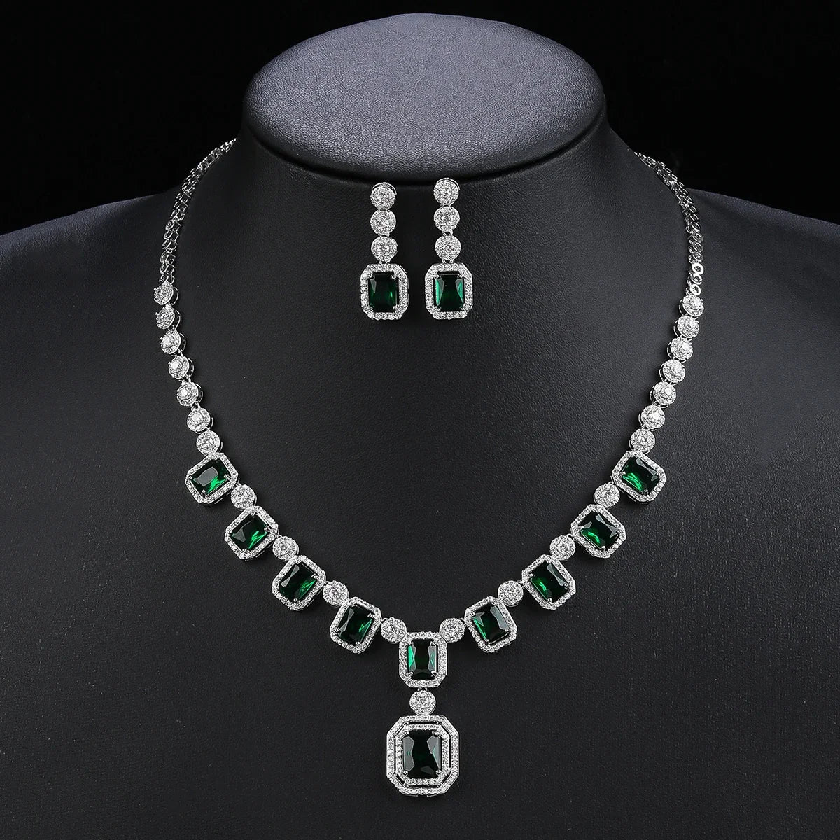 Elegant Cubic Zirconia Bridal Jewelry Set - Silver Tone Necklace & Earrings with Mixed Color Stones (Green/Red) | Perfect for Engagement Parties, Weddings & Special Occasions