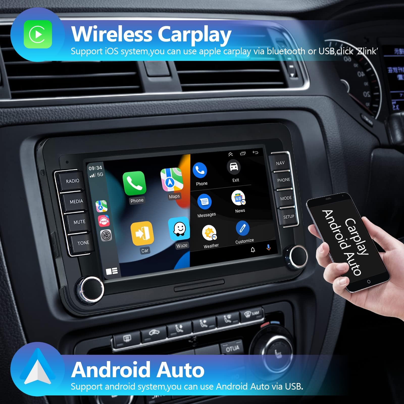 2+64GB Android Car Stereo with Wireless CarPlay/Android Auto - 7 Inch Touchscreen GPS WiFi Bluetooth FM Head Unit for VW Jetta/Passat/Tiguan/CC/Golf/Skoda - Compatible with Backup Camera | Perfect for Road Trips & Daily Commuting