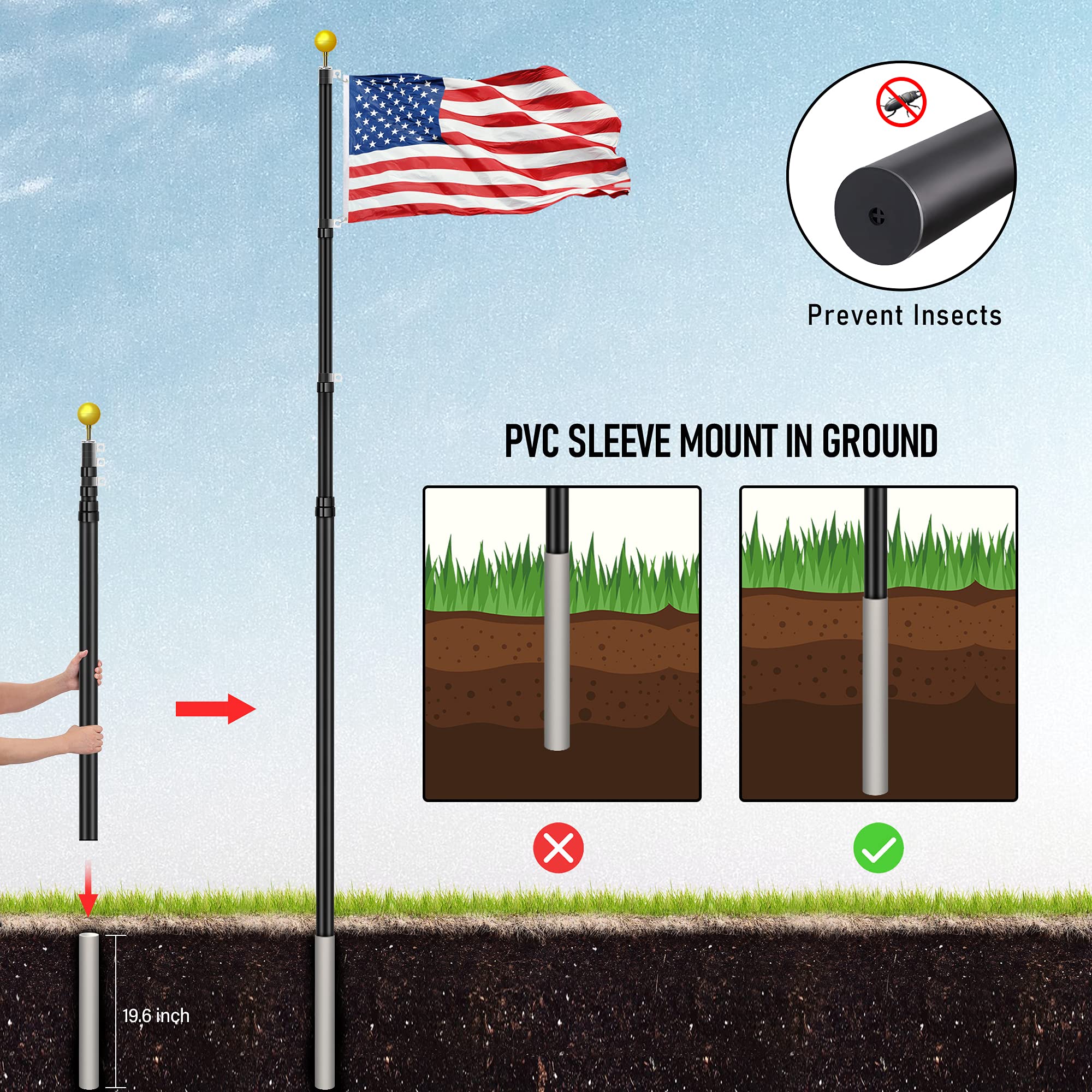 20FT Heavy Duty Telescoping Flag Pole Kit - 14 Gauge Aluminum Inground Flagpole with 3x5 American Flag | Fly 2 Flags | Weather-Resistant for Residential, Yard & Commercial Use | Perfect for Patriotic Displays, Sports Events & Business Branding