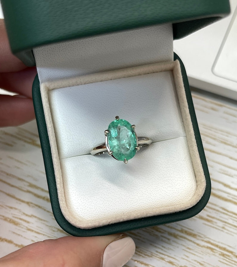 3.55ct Oval Cut Emerald Solitaire Ring in 14K White Gold with 6 Prong Setting - Perfect for Engagement, Wedding & Anniversary Gifts