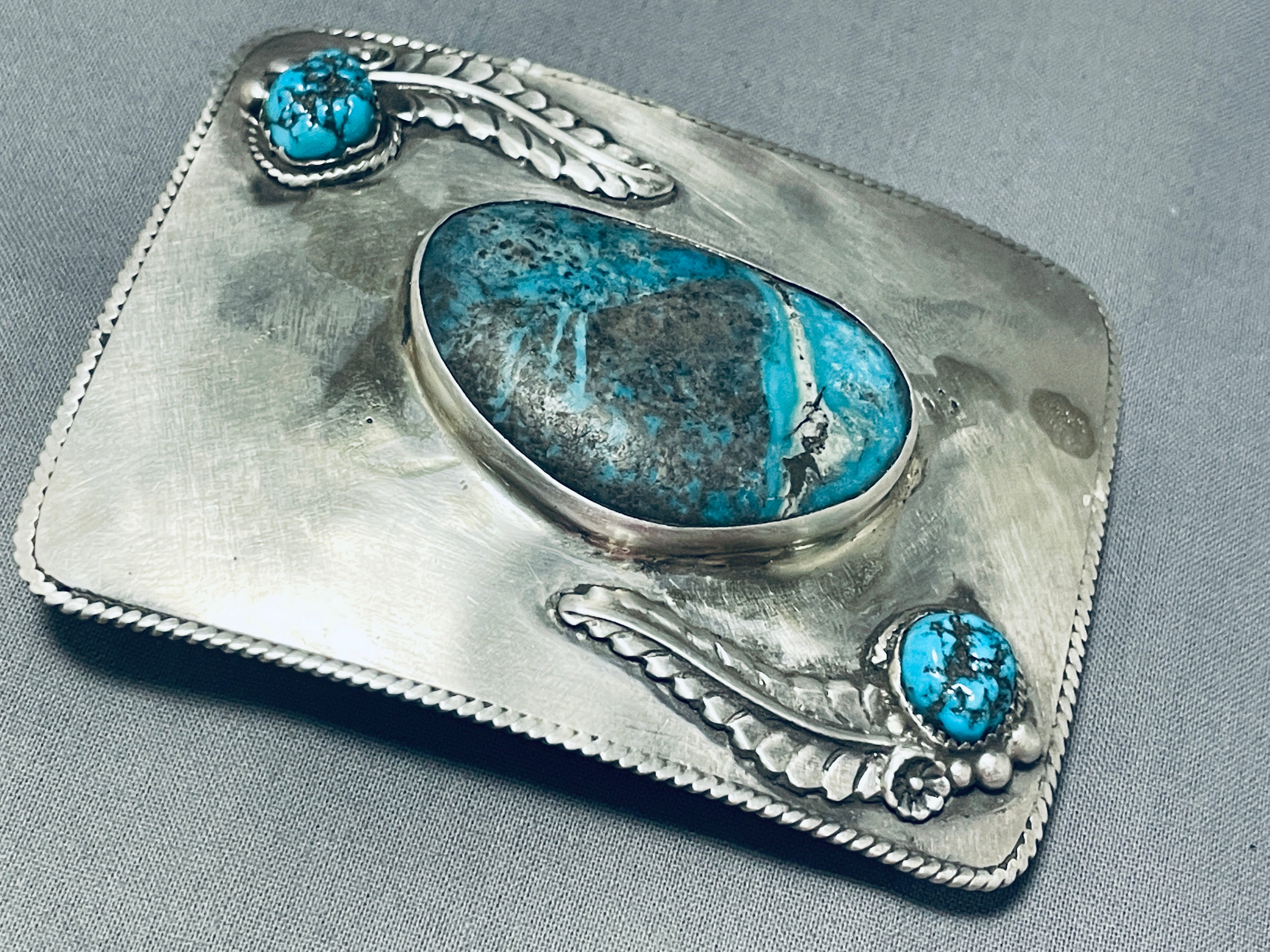 101 Grams Rare Vintage Native American Navajo 3 Kingman Turquoise Sterling Silver Huge Buckle - Authentic Native Jewelry for Western Fashion & Belt Accessories